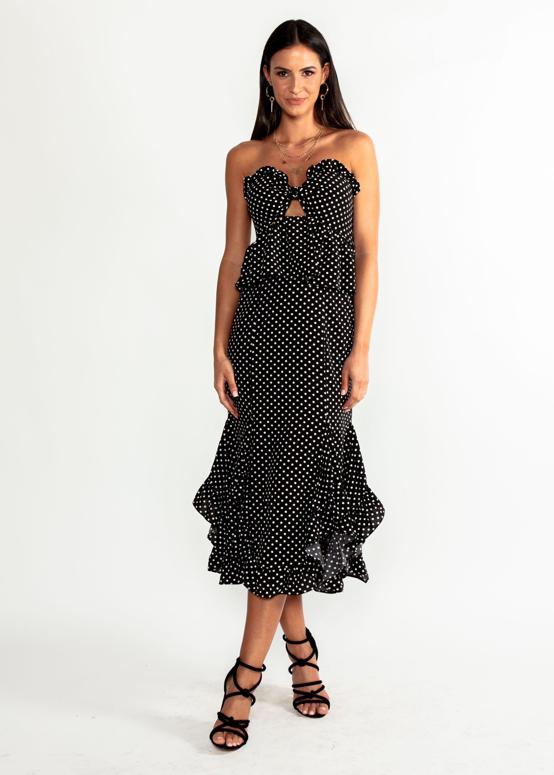 Heiress Strapless Midi Dress - Black Polka