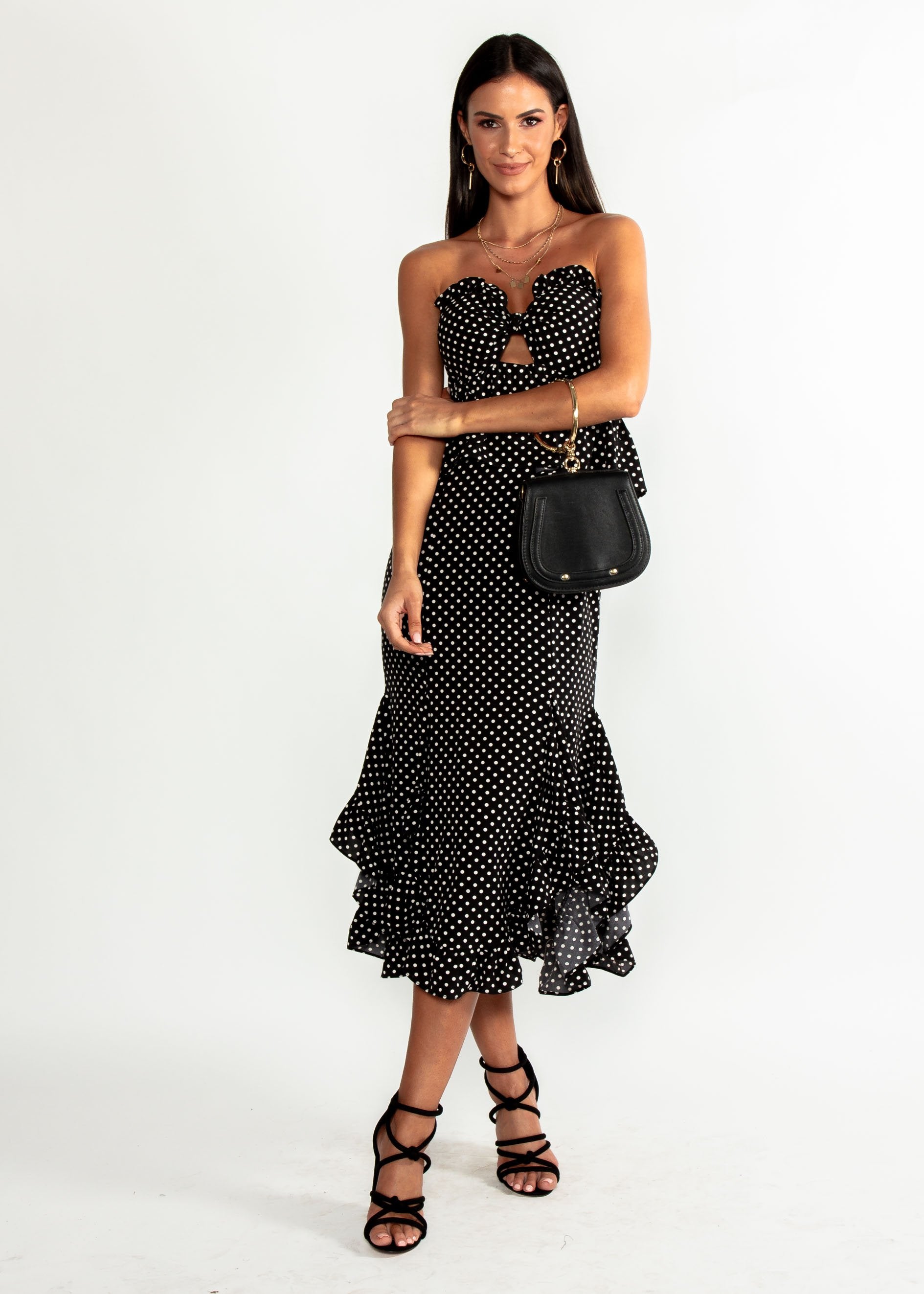 Heiress Strapless Midi Dress - Black Polka