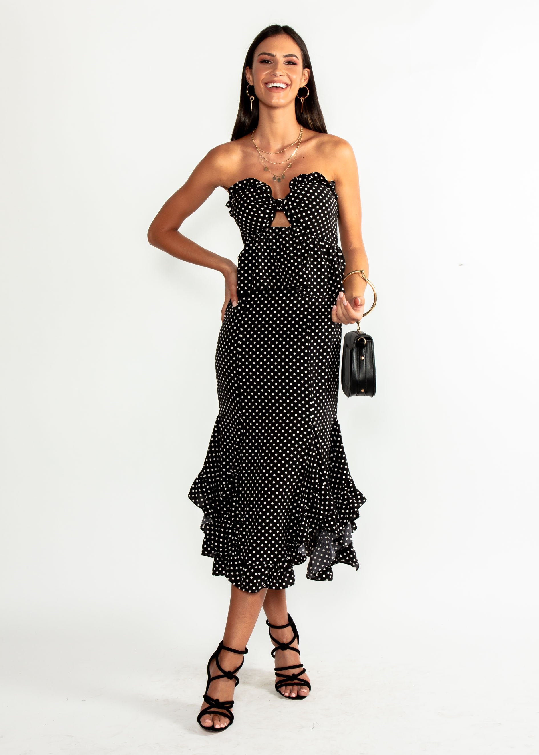 Heiress Strapless Midi Dress - Black Polka