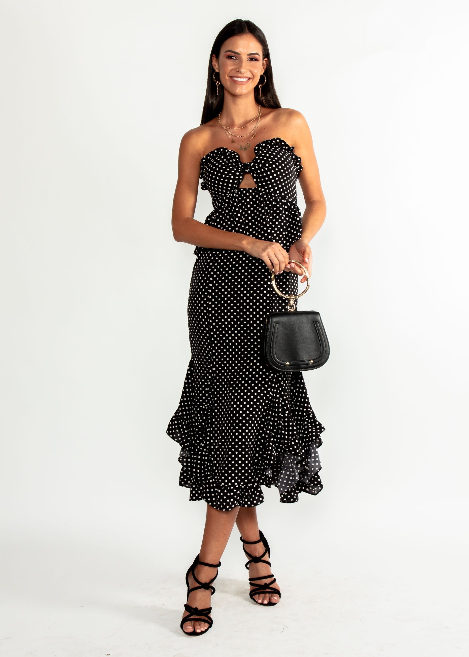 Heiress Strapless Midi Dress - Black Polka