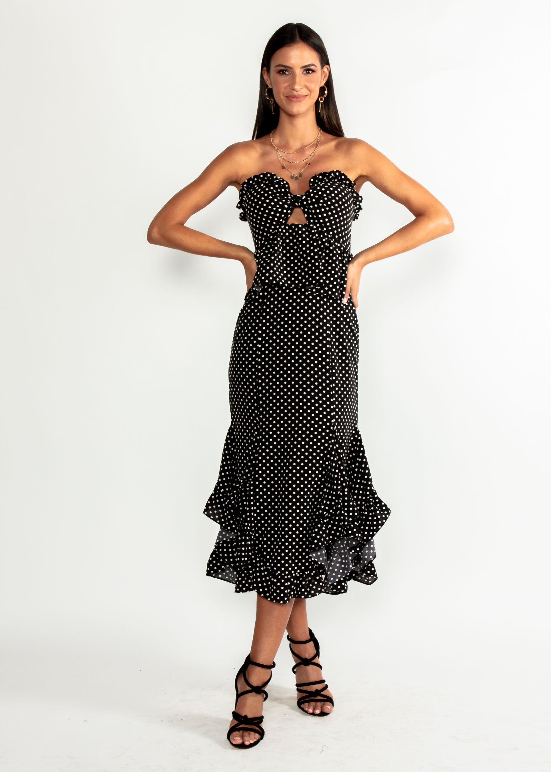 Heiress Strapless Midi Dress - Black Polka