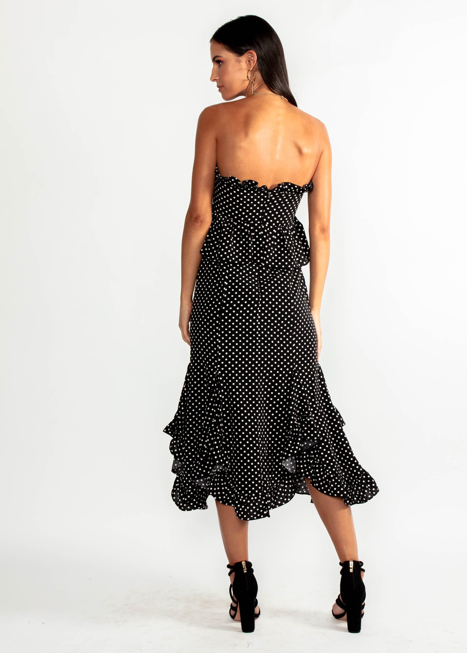 Heiress Strapless Midi Dress - Black Polka