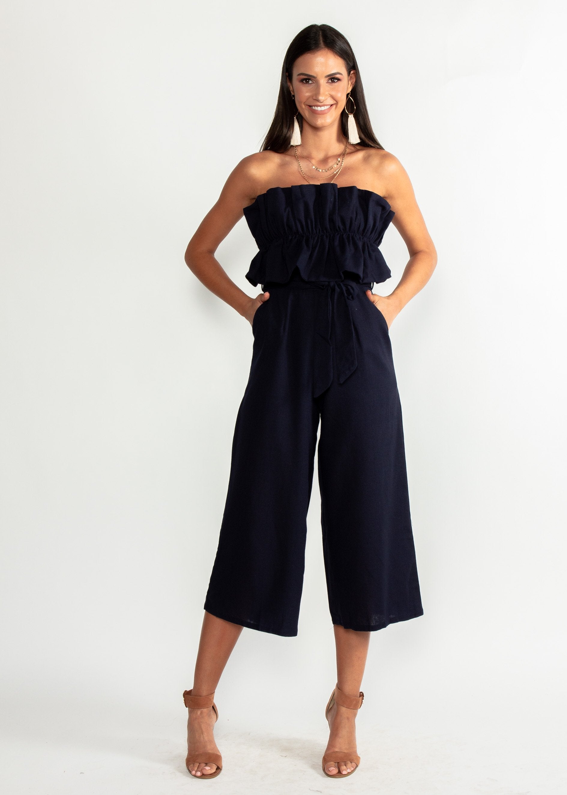 Ashlynn Linen Strapless Pantsuit - Navy