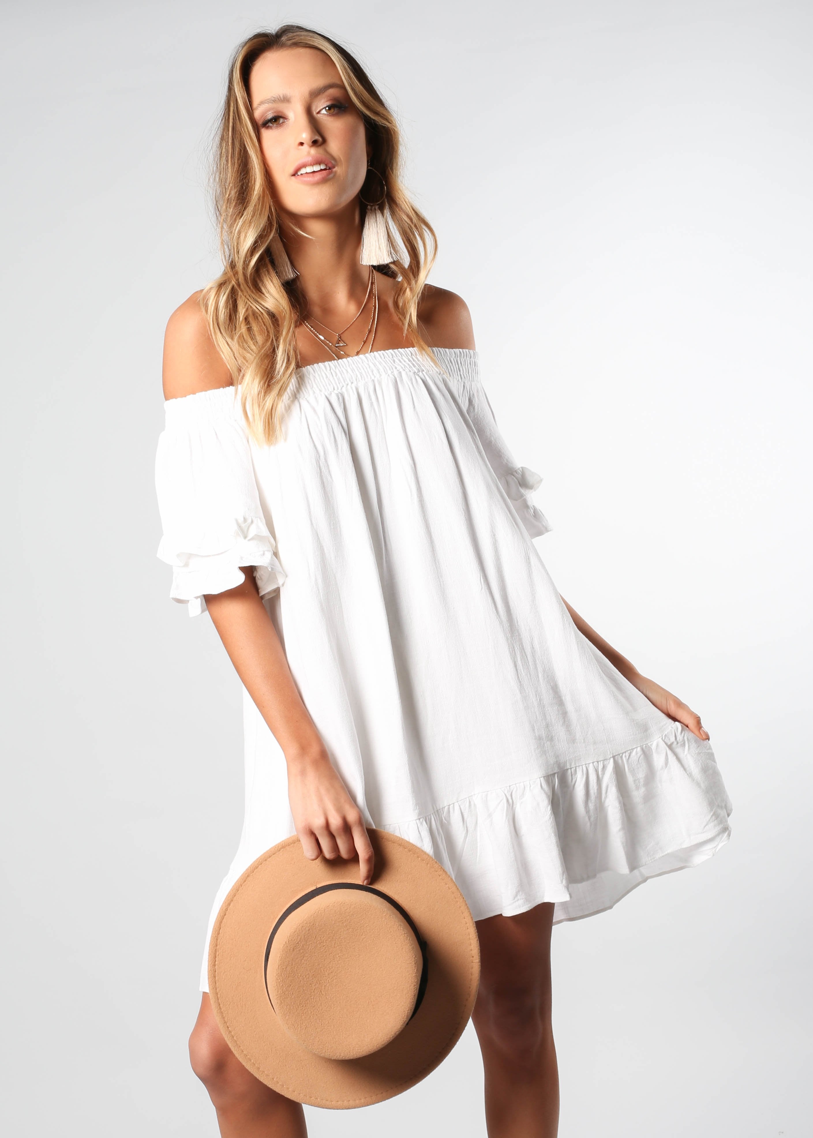 Sweet Sunshine Off Shoulder Dress - White