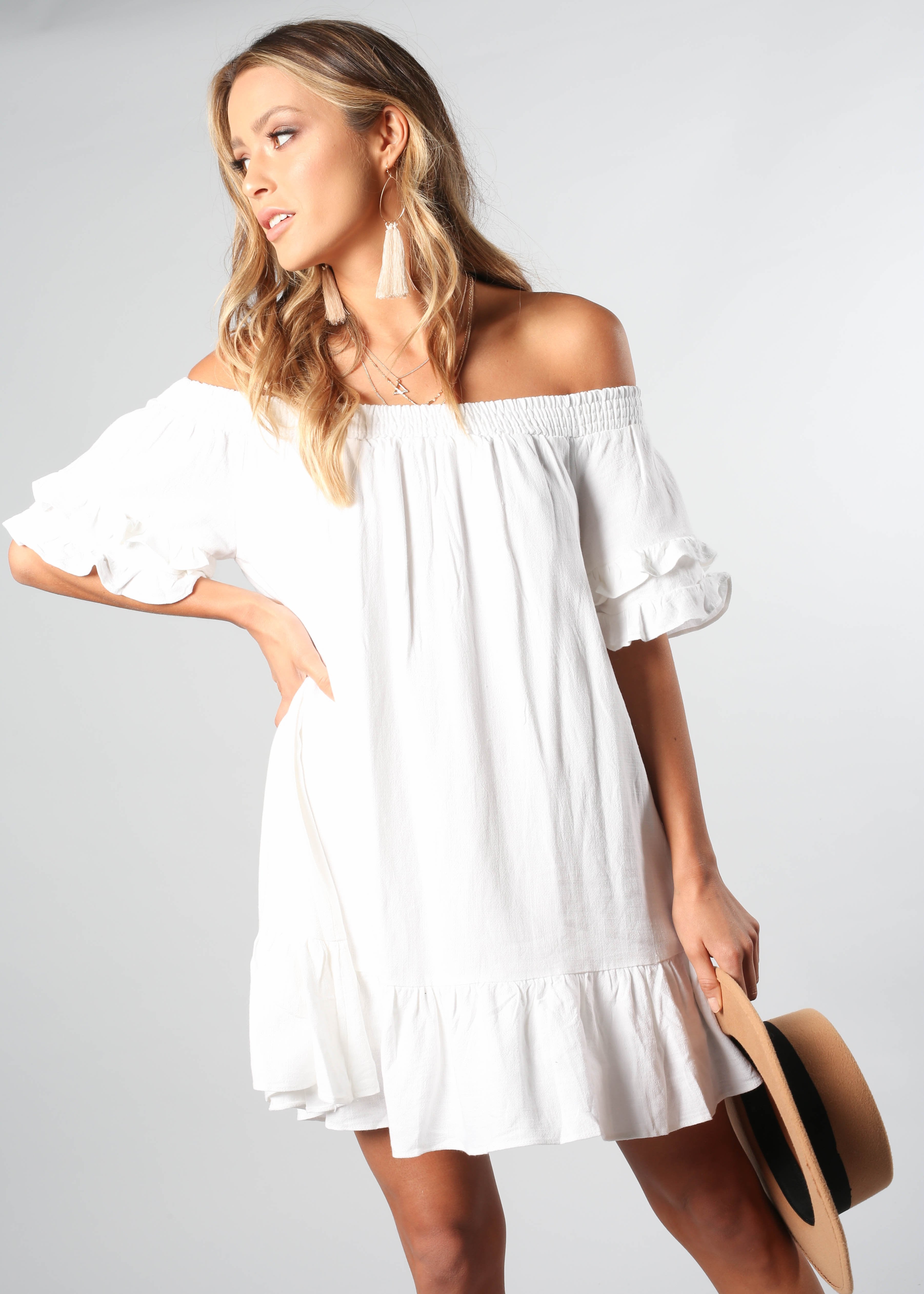 Sweet Sunshine Off Shoulder Dress - White
