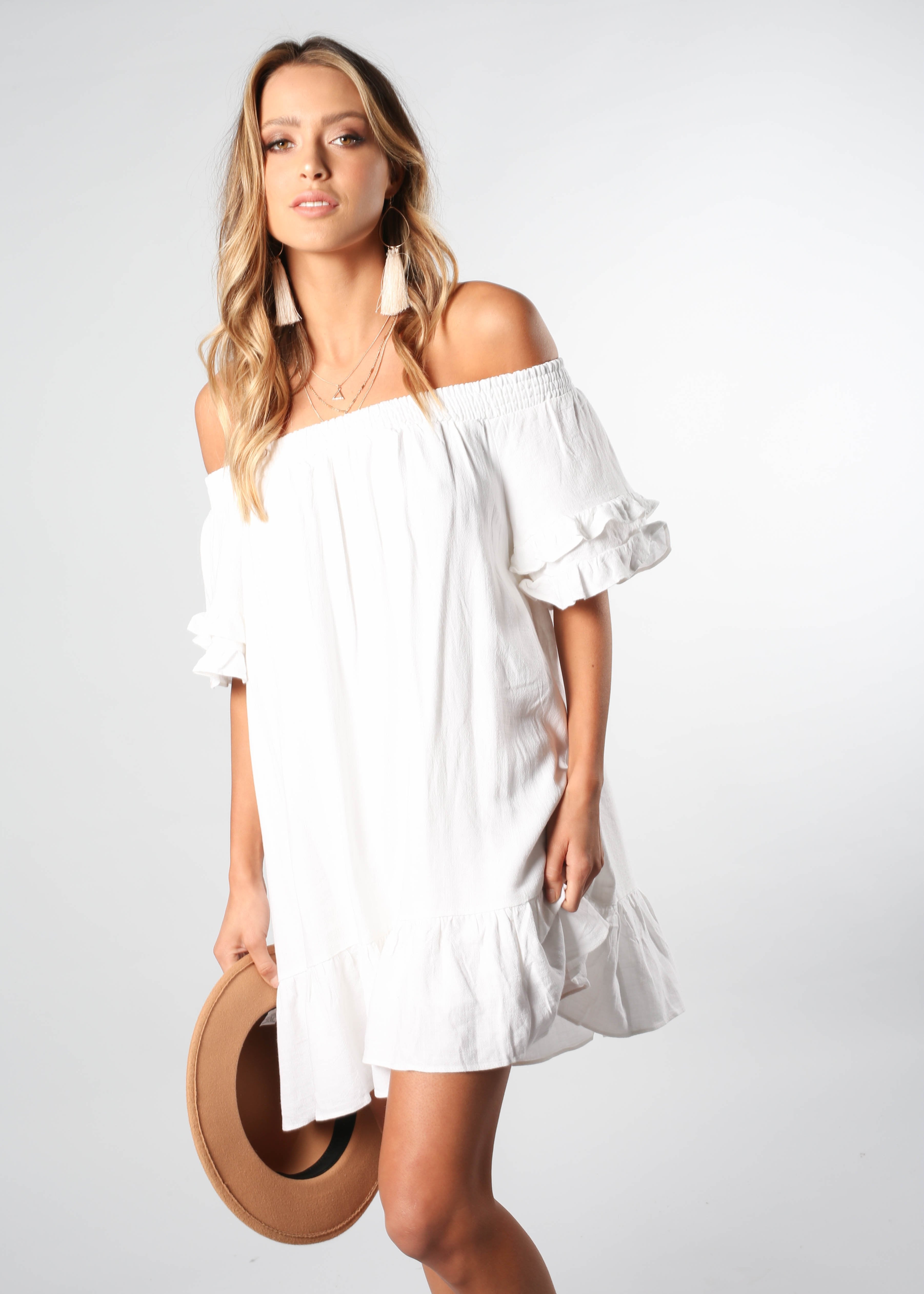 Sweet Sunshine Off Shoulder Dress - White