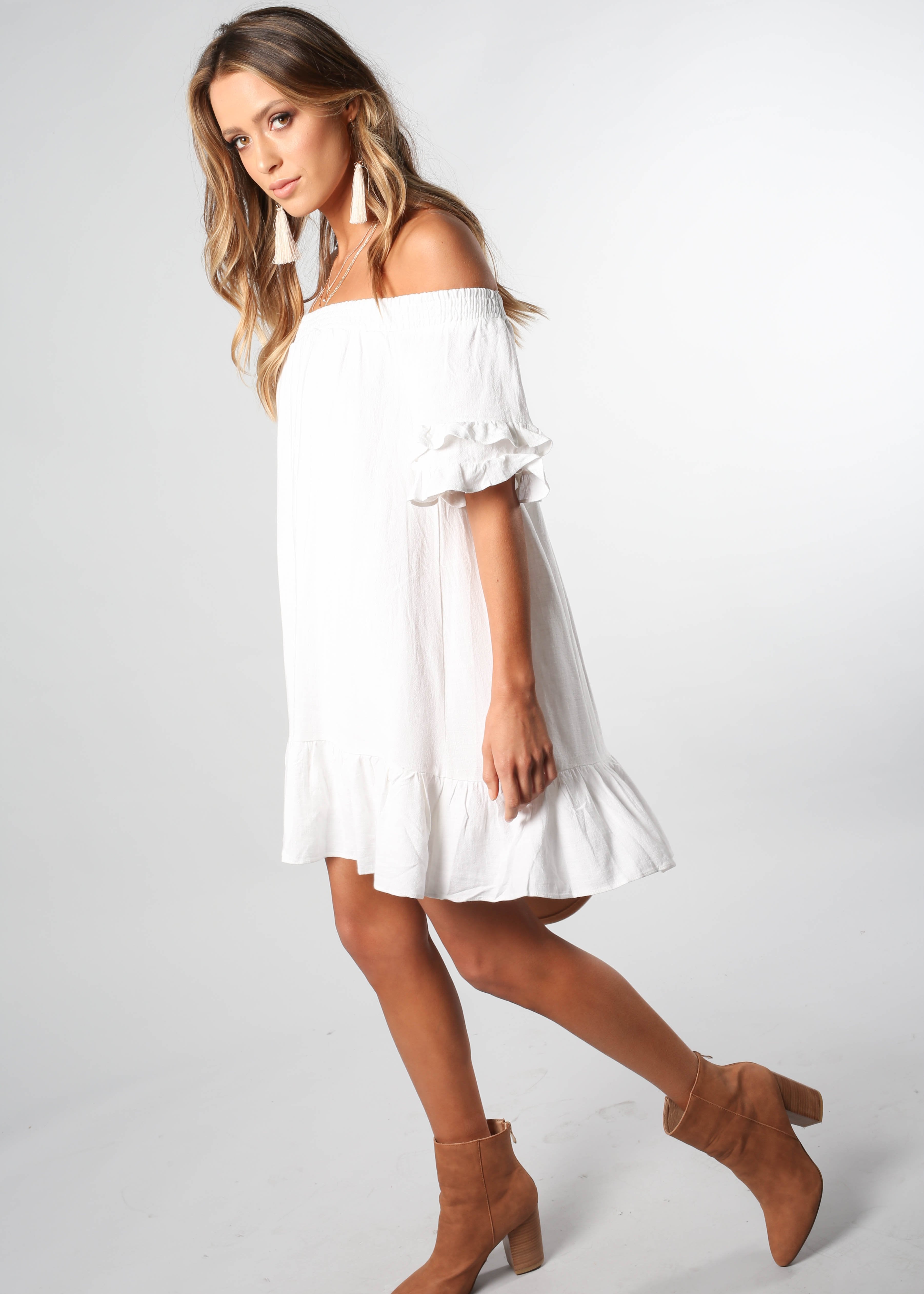 Sweet Sunshine Off Shoulder Dress - White