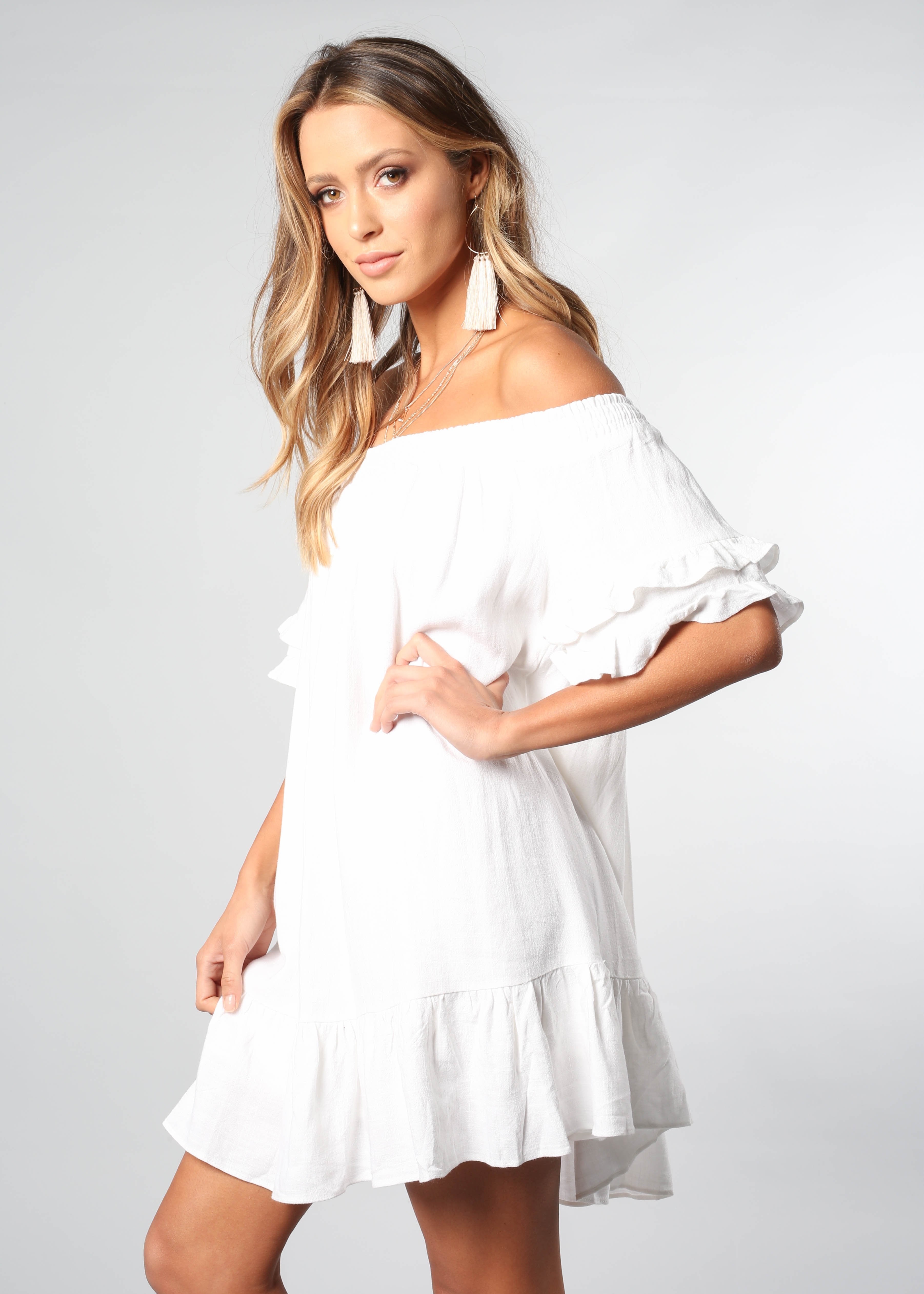 Sweet Sunshine Off Shoulder Dress - White