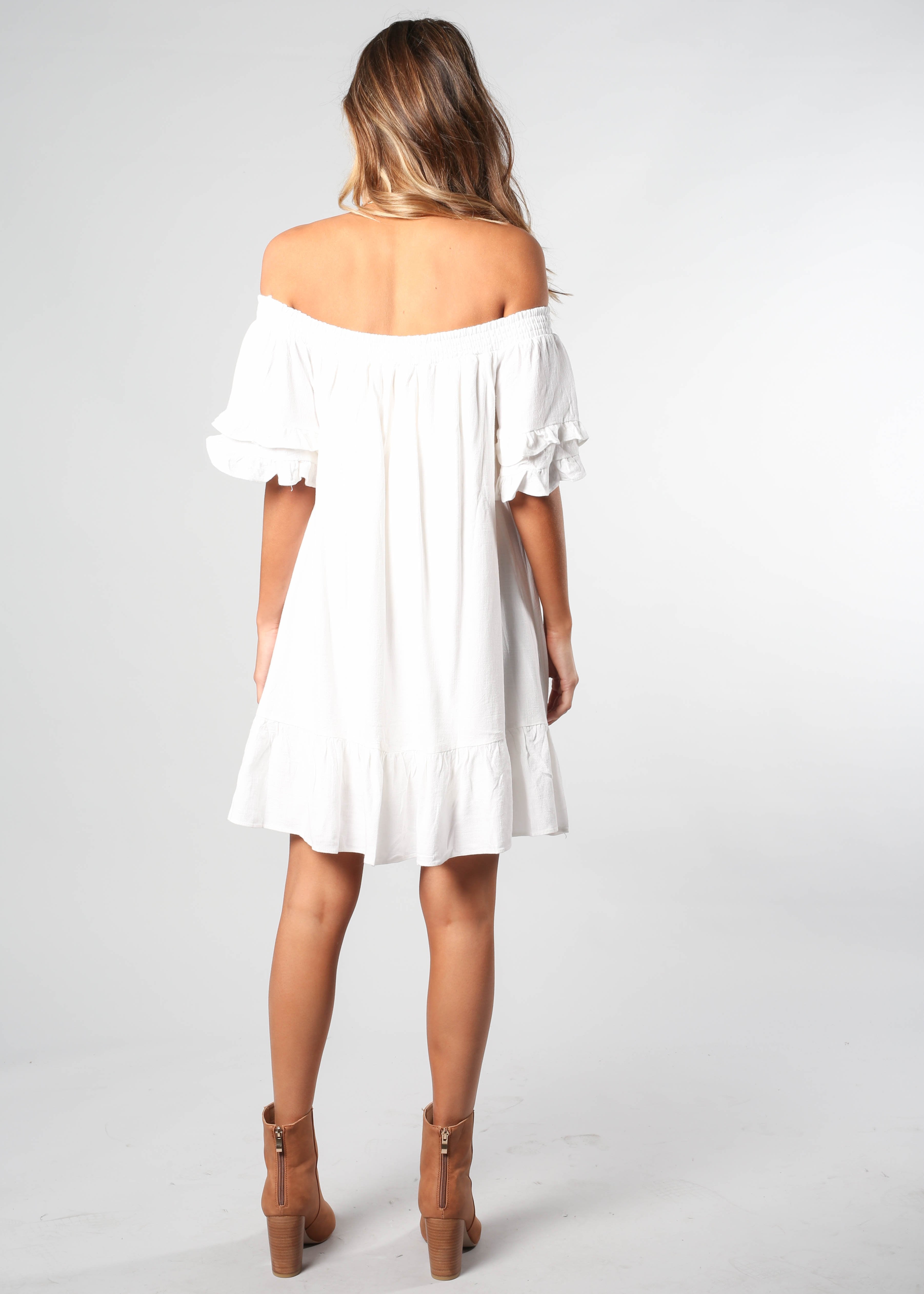 Sweet Sunshine Off Shoulder Dress - White