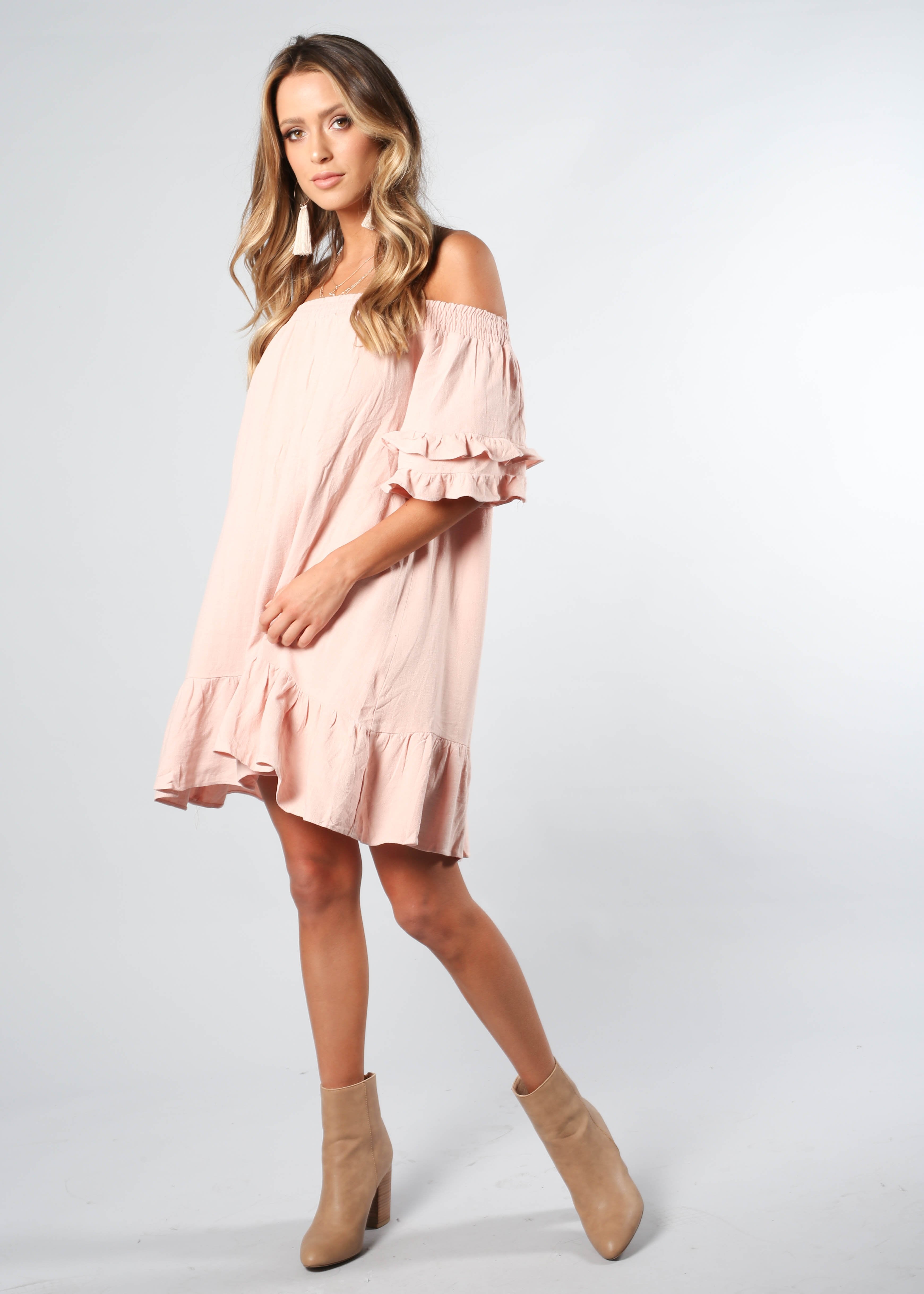 Sweet Sunshine Off Shoulder Dress - Blush