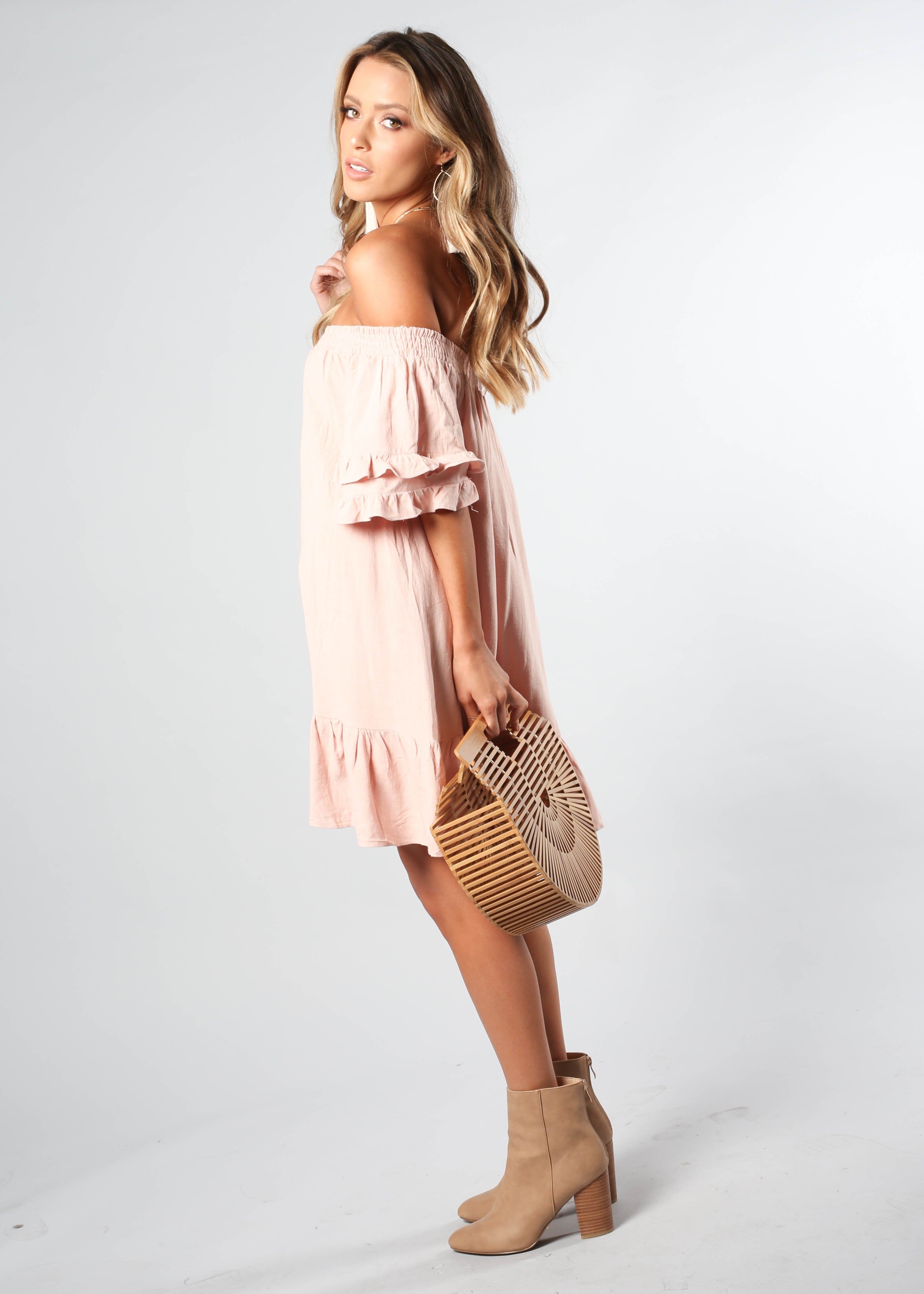 Sweet Sunshine Off Shoulder Dress - Blush