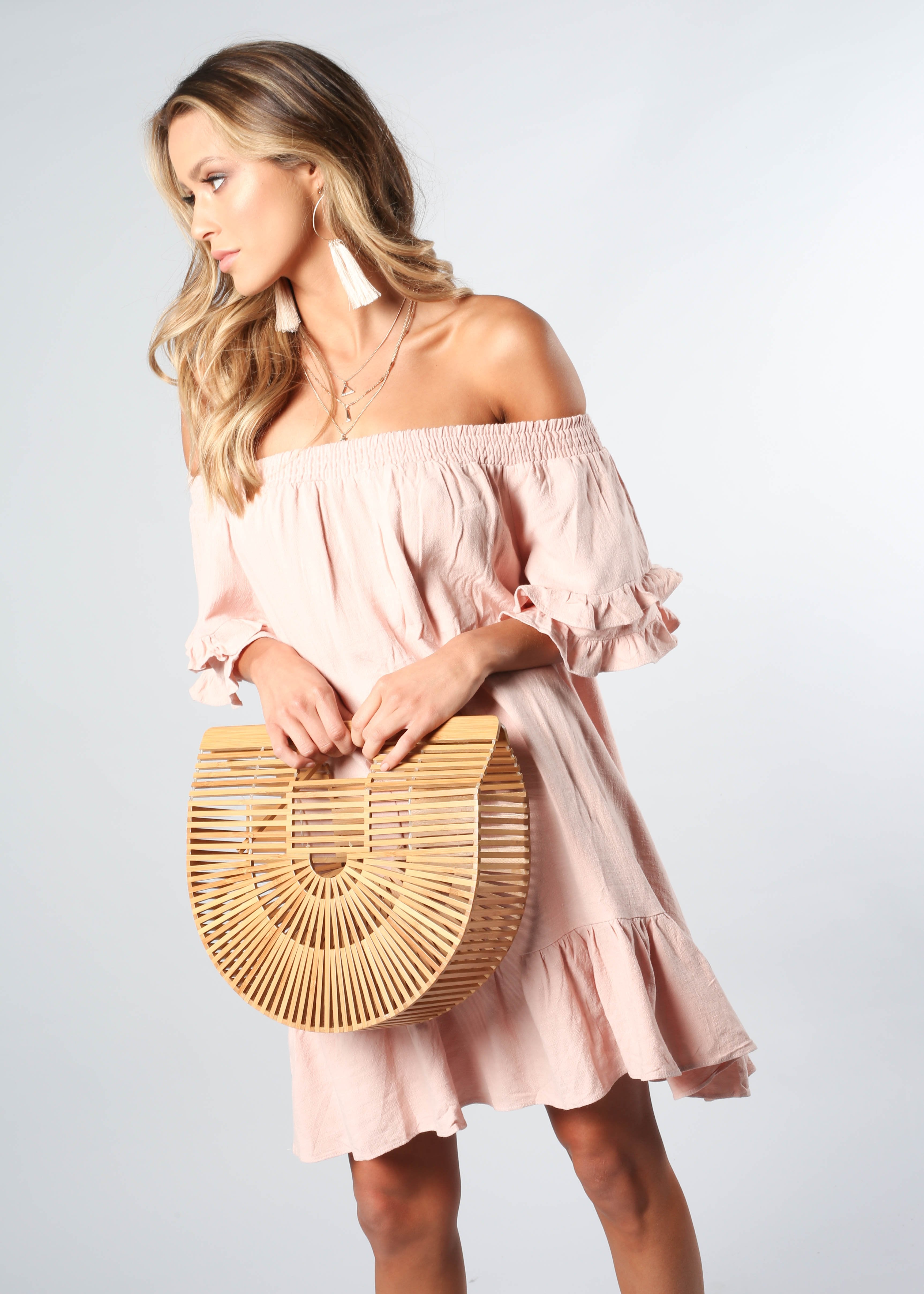 Sweet Sunshine Off Shoulder Dress - Blush