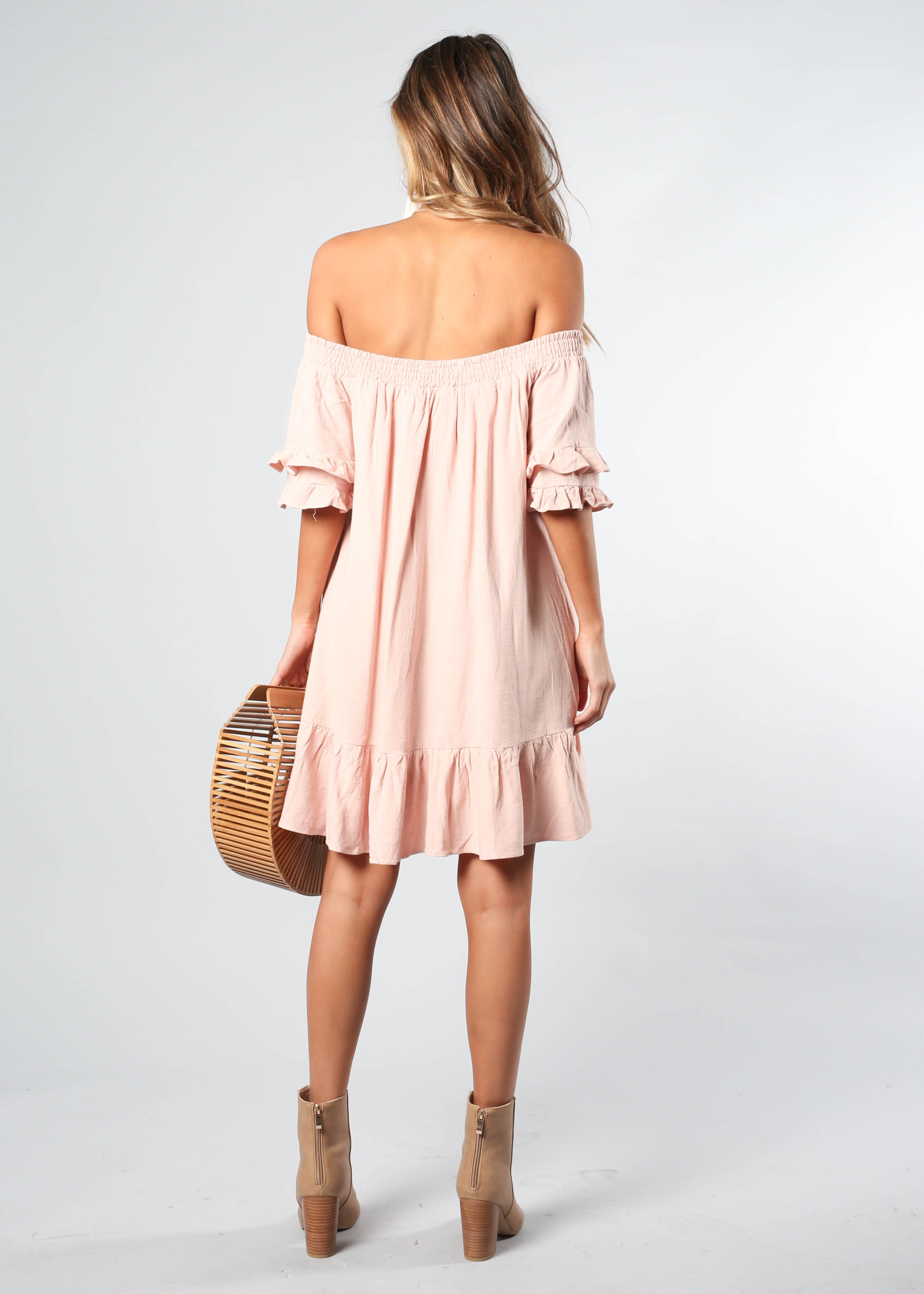 Sweet Sunshine Off Shoulder Dress - Blush