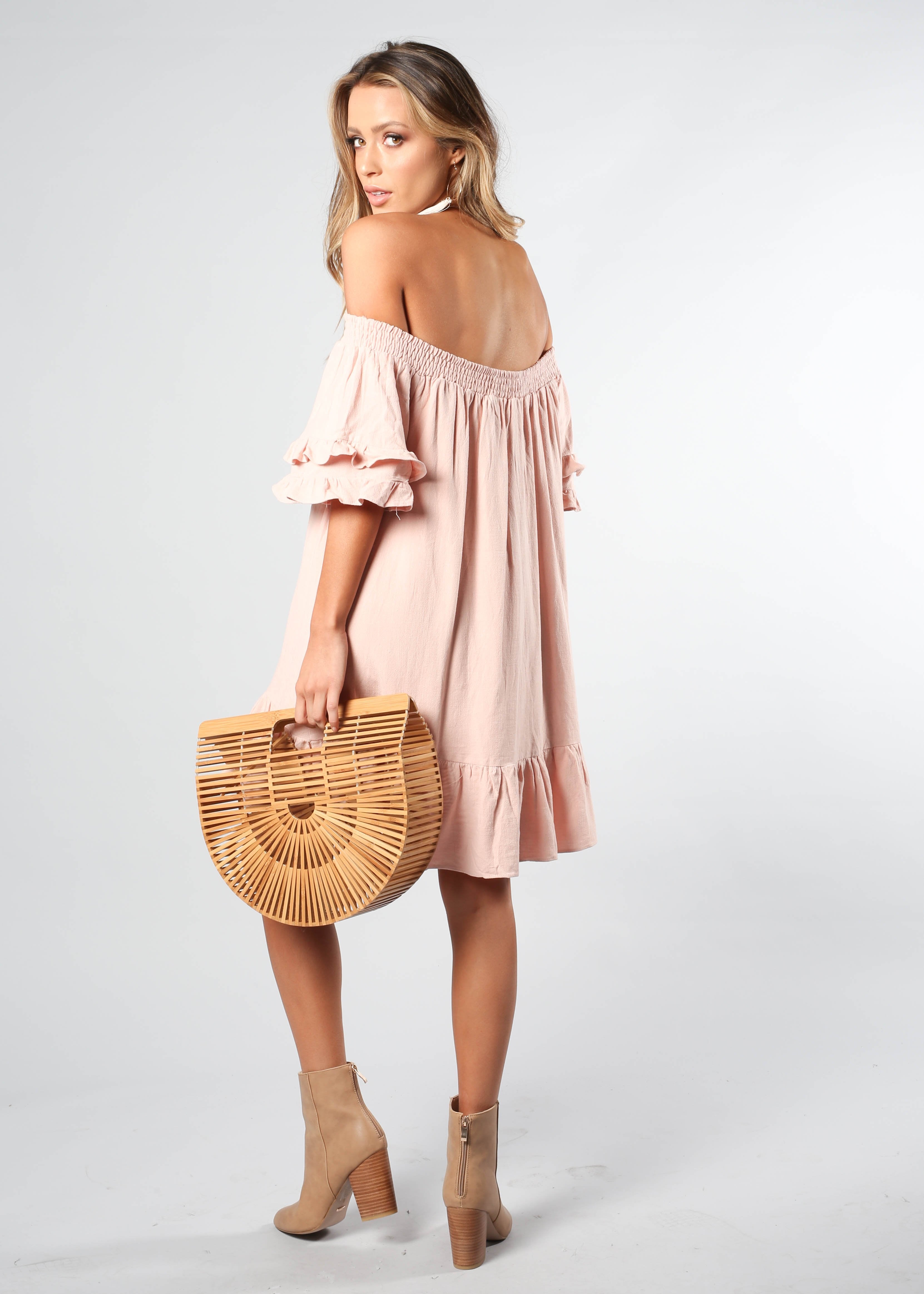 Sweet Sunshine Off Shoulder Dress - Blush