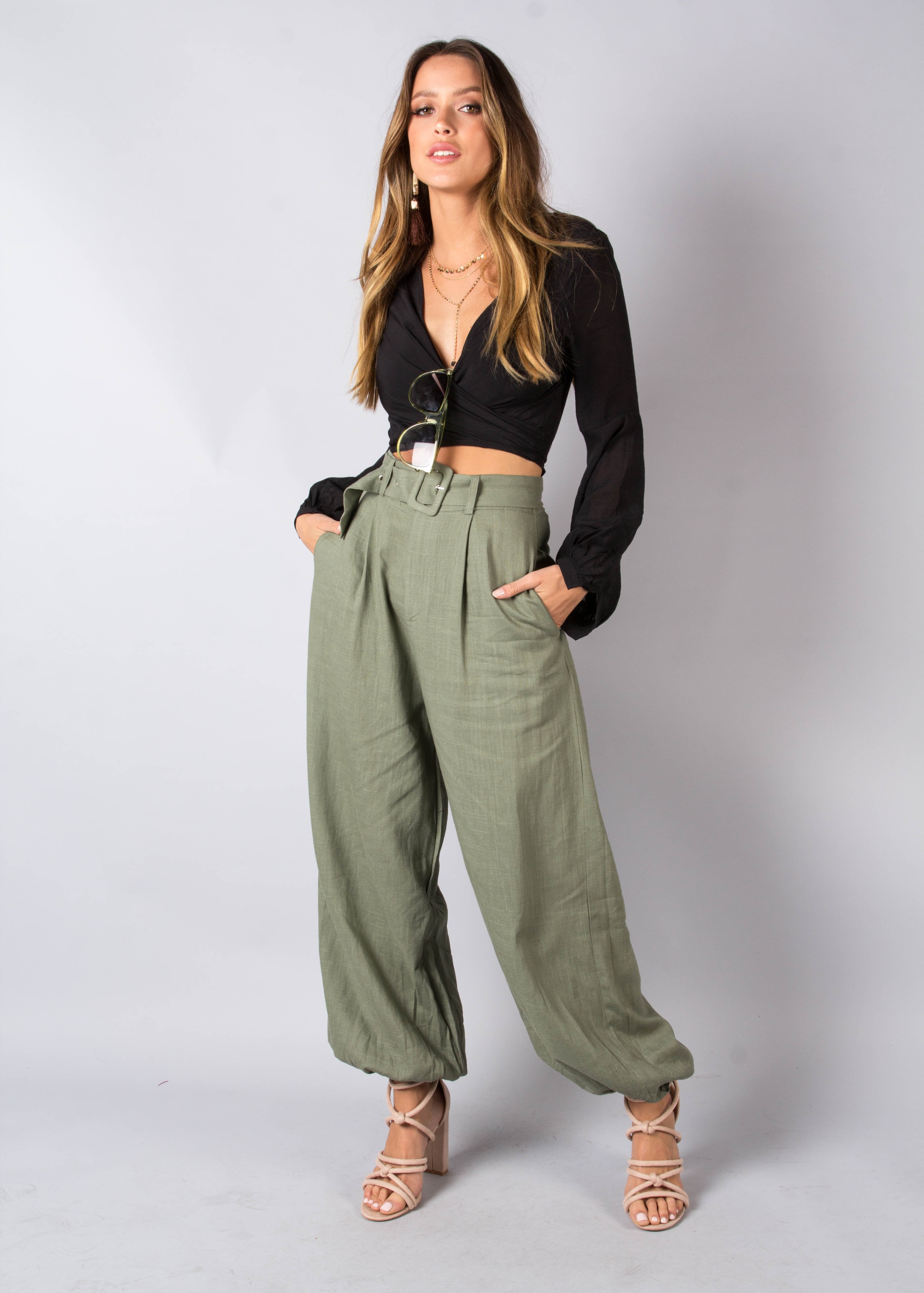 Balmy Dreams Linen Look Pants w/ Belt - Khaki