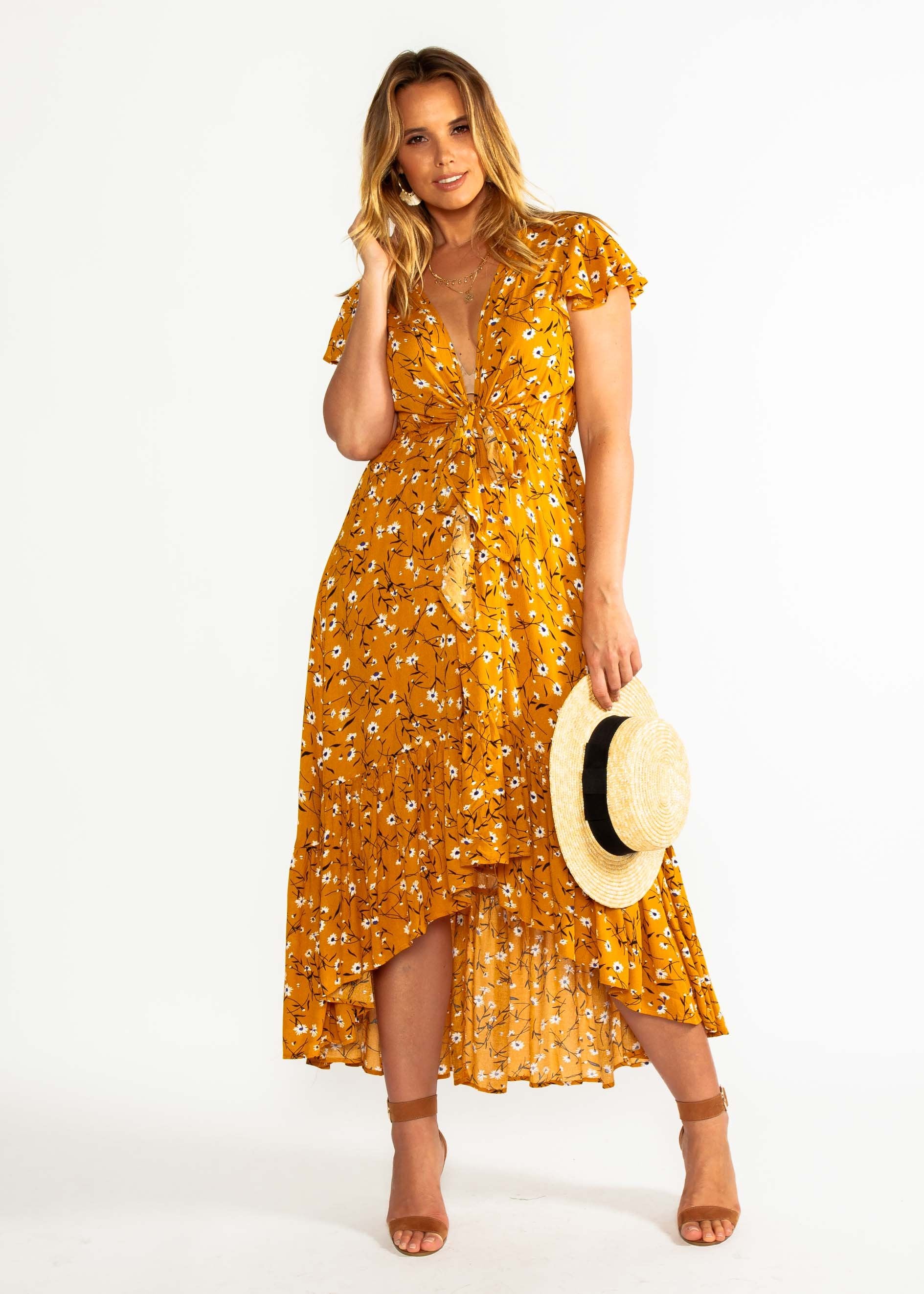 Sandra Hi-Lo Midi Dress - Mustard Floral