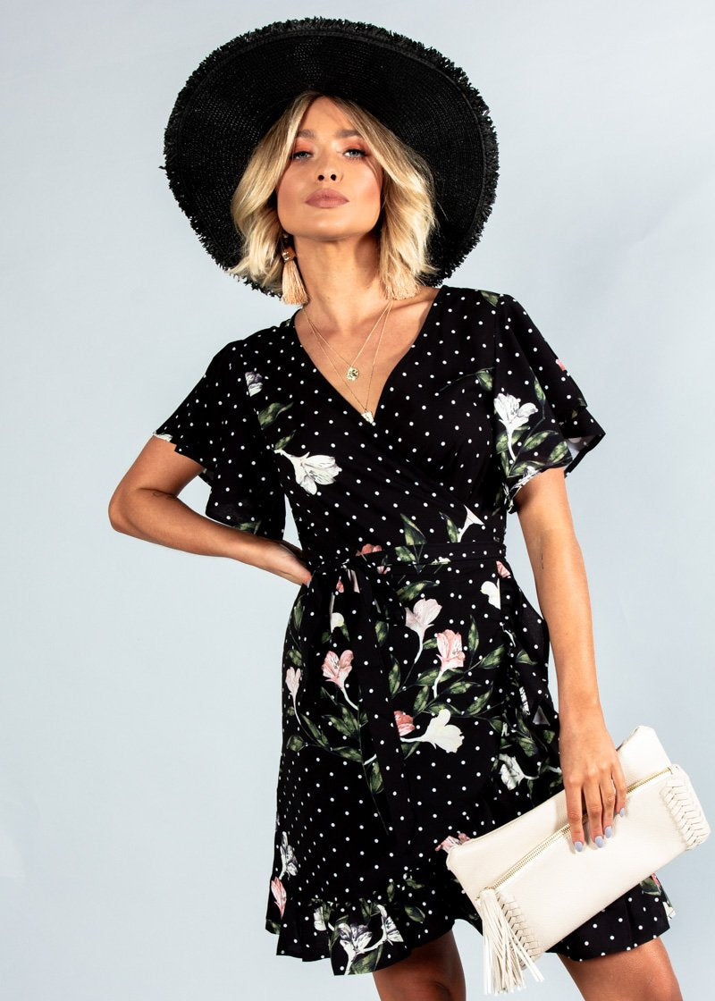 Beyond Belief Wrap Dress - Black Floral