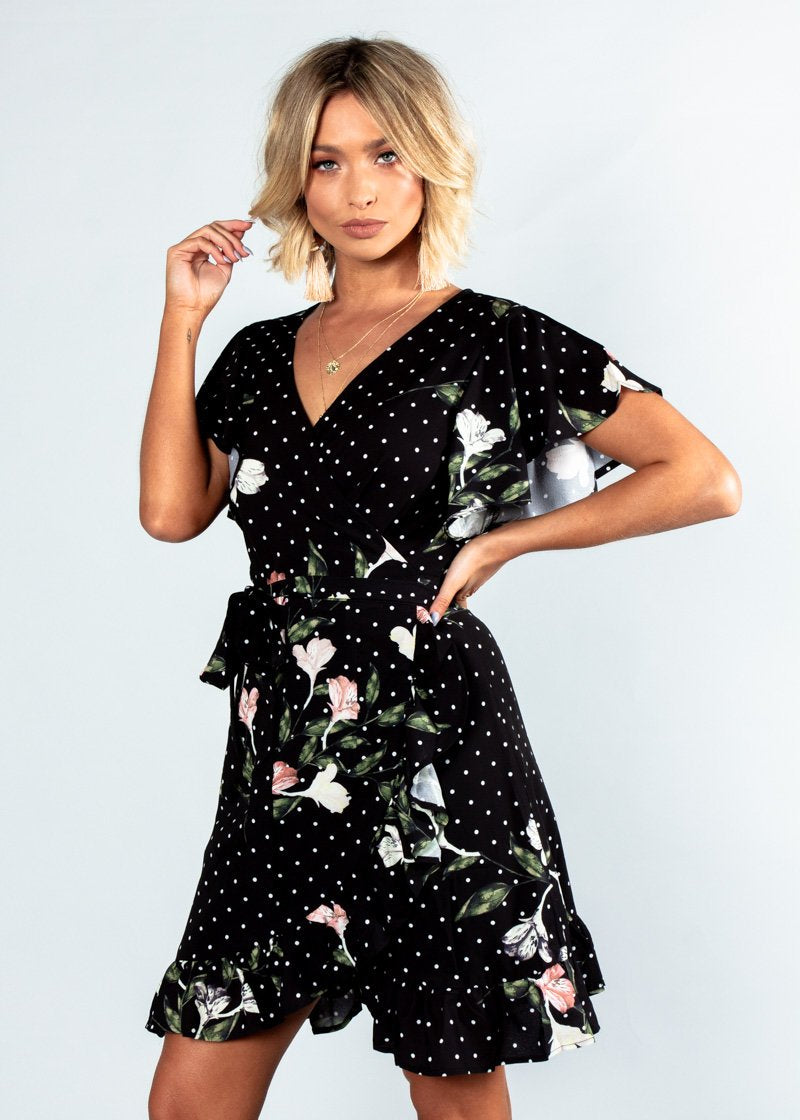 Beyond Belief Wrap Dress - Black Floral