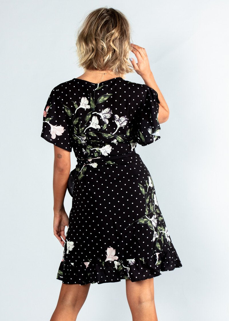 Beyond Belief Wrap Dress - Black Floral