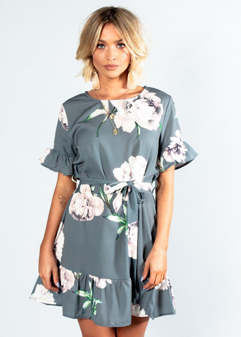 Read My Lips Dress w/ Tie - Khaki Grey Floral