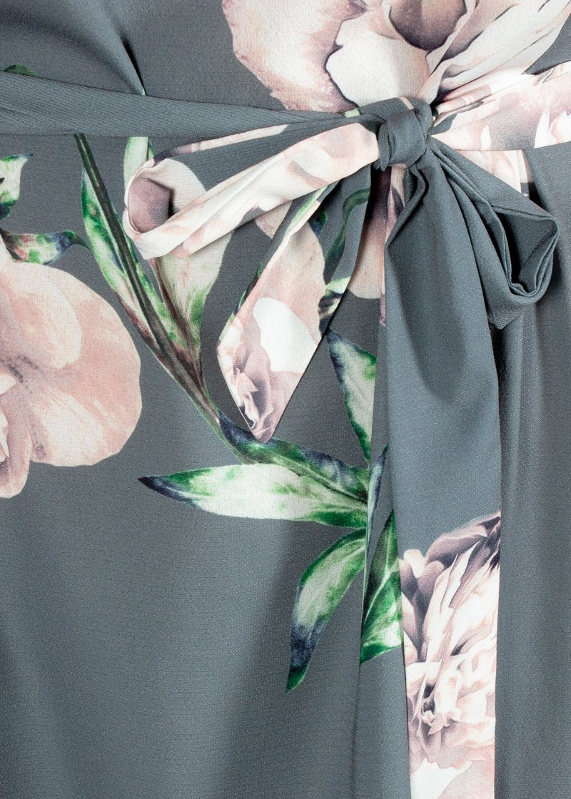 Read My Lips Dress w/ Tie - Khaki Grey Floral