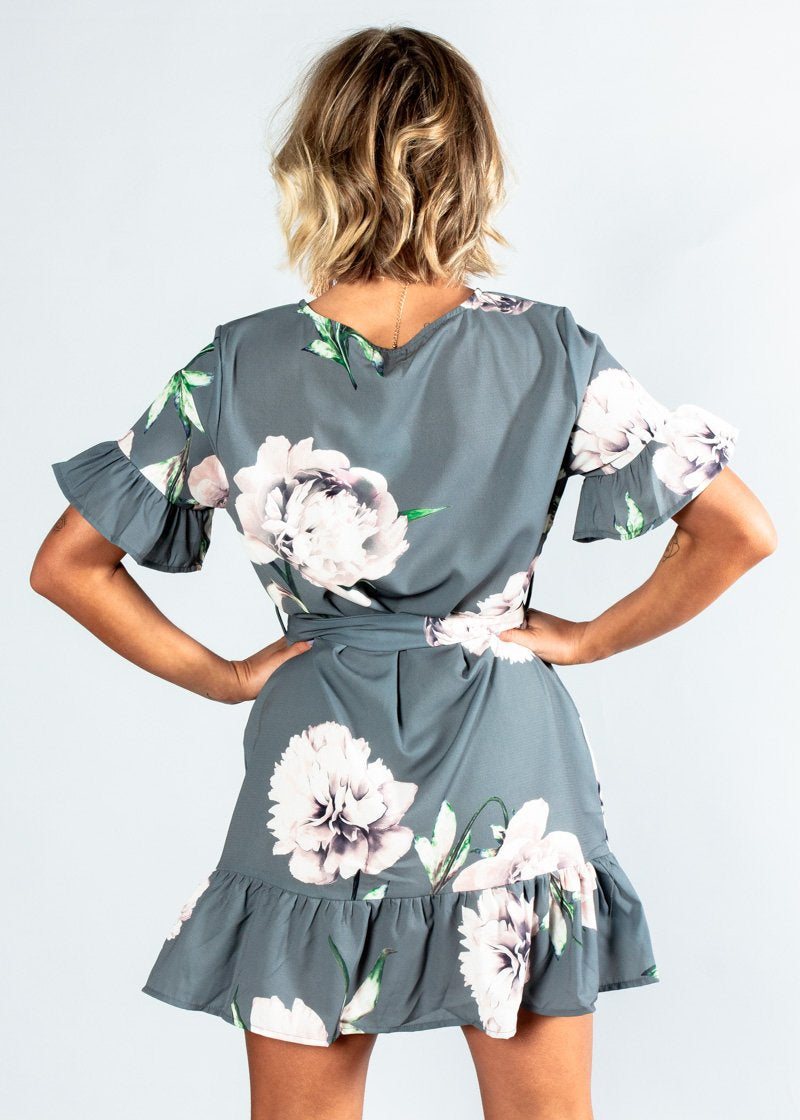 Read My Lips Dress w/ Tie - Khaki Grey Floral