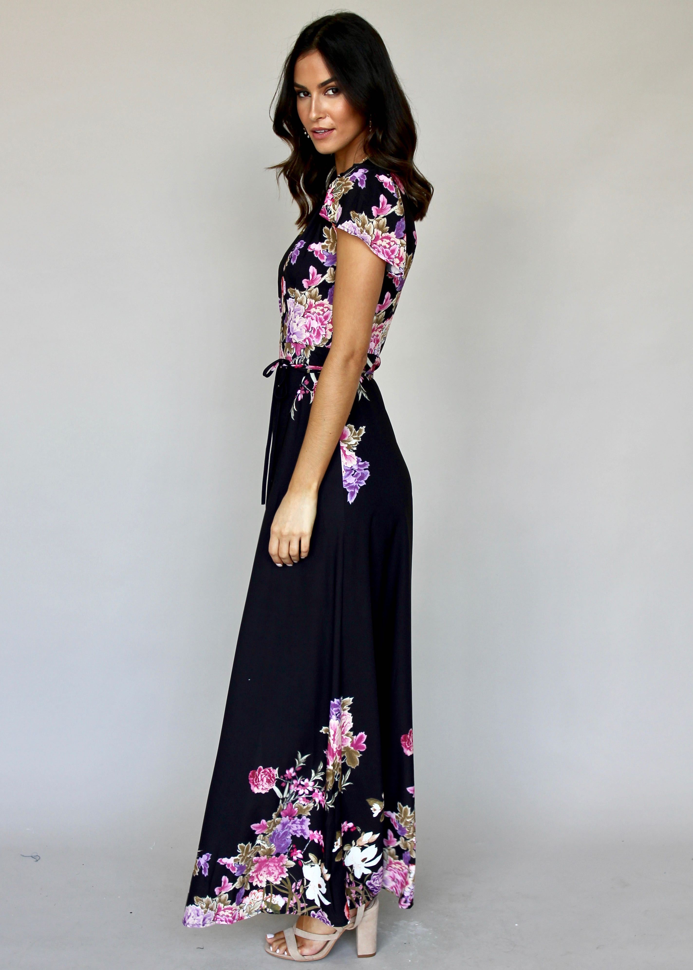 South Branch Wrap Maxi Dress - Black Botanica