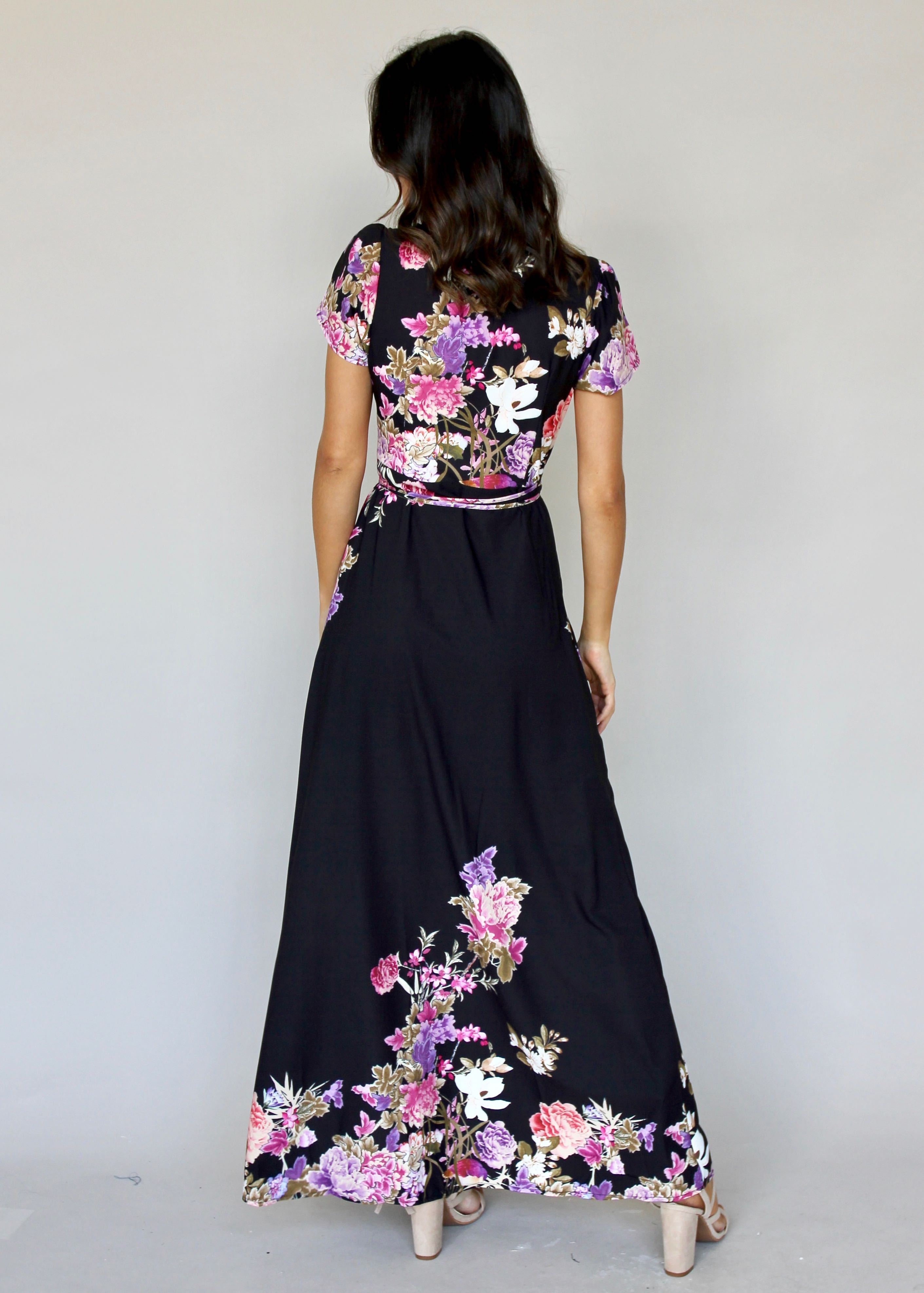 South Branch Wrap Maxi Dress - Black Botanica