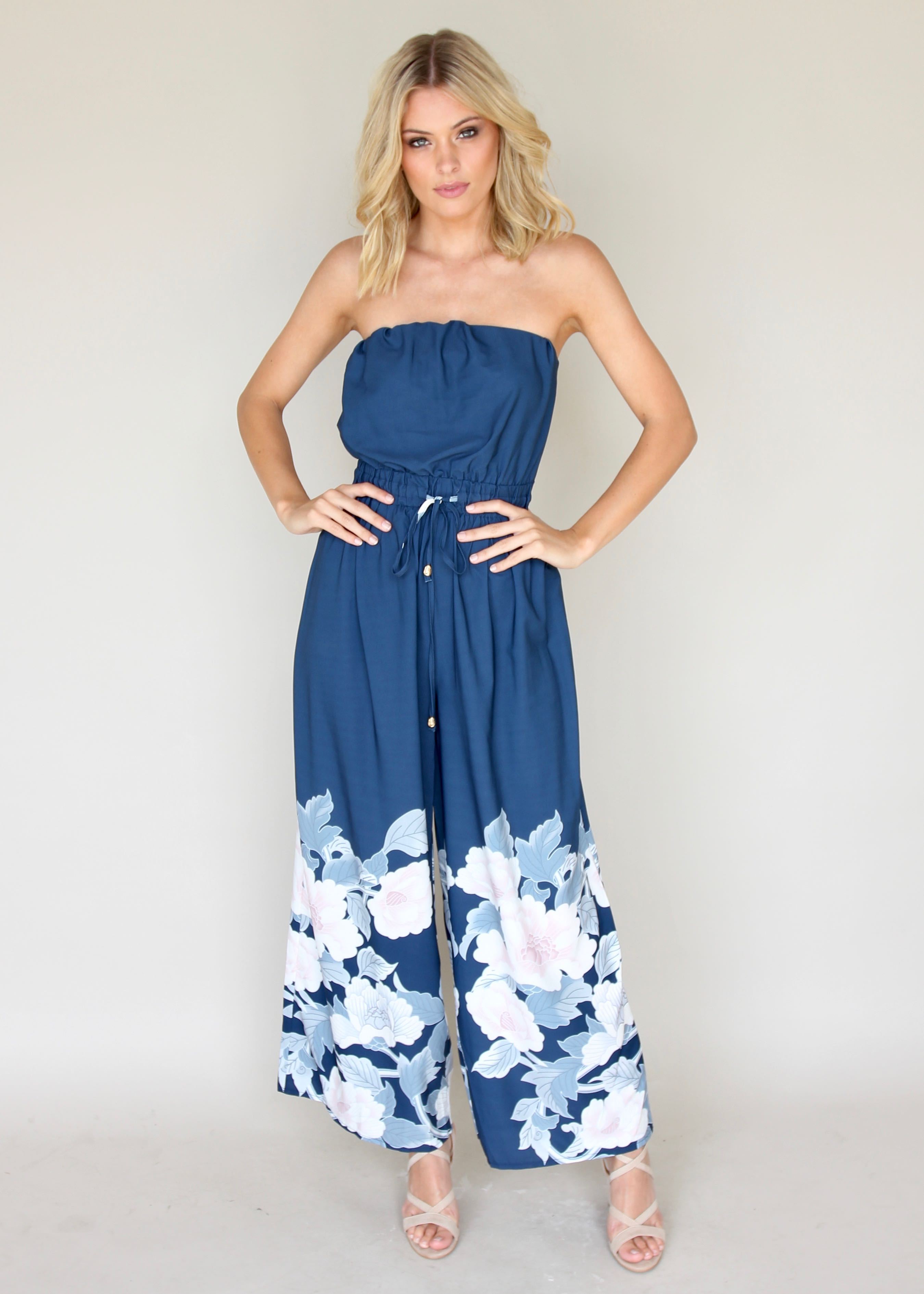 Luminous Love Strapless Pantsuit - Blue Floral