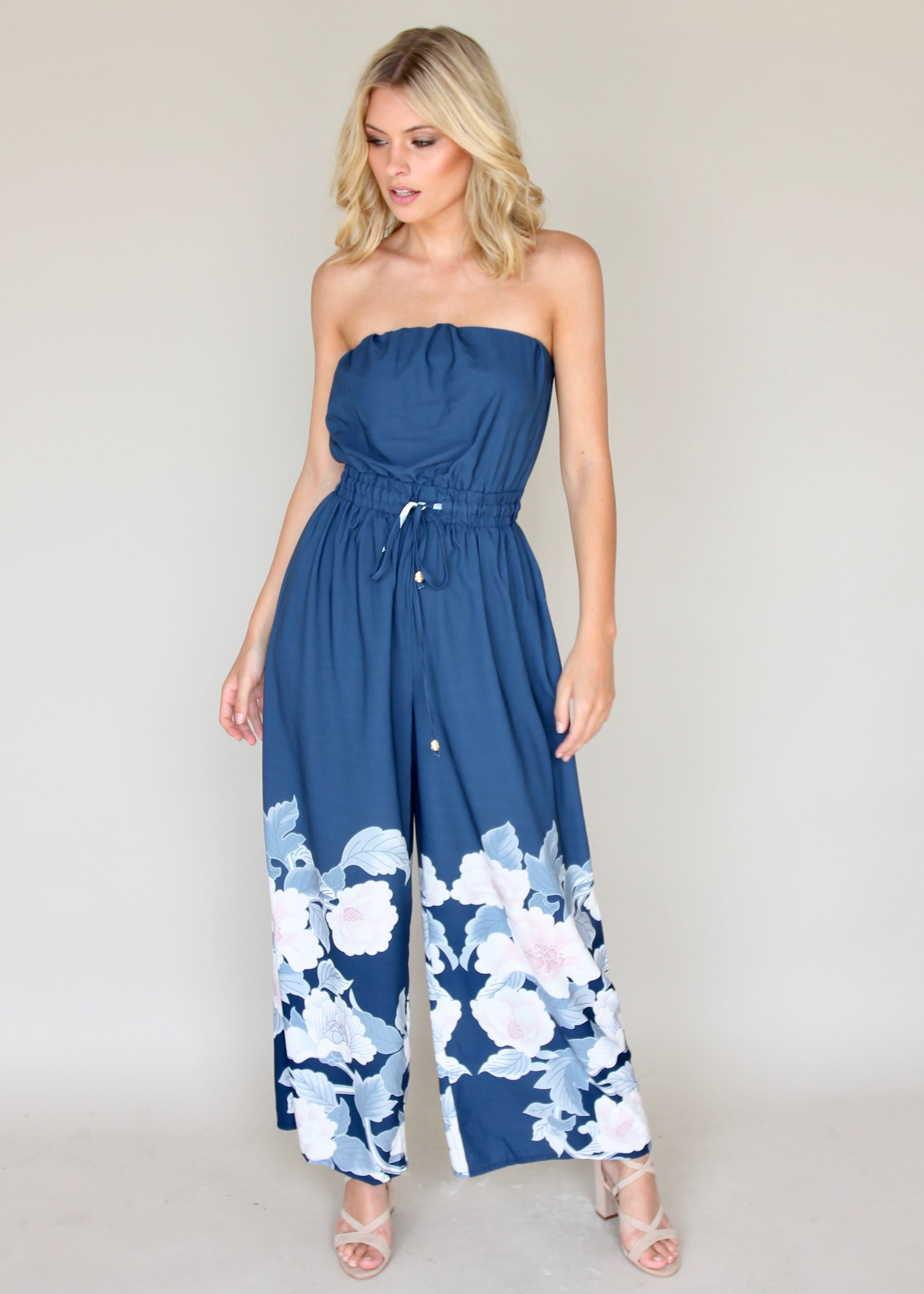 Luminous Love Strapless Pantsuit - Blue Floral