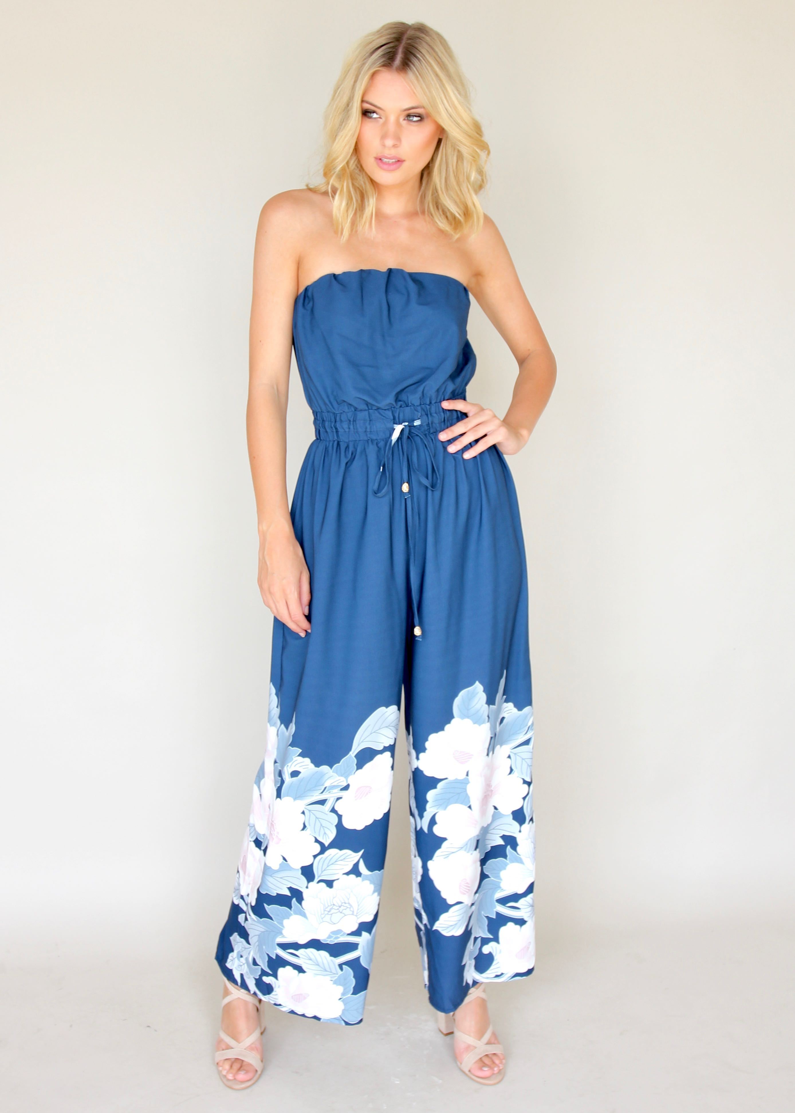 Luminous Love Strapless Pantsuit - Blue Floral