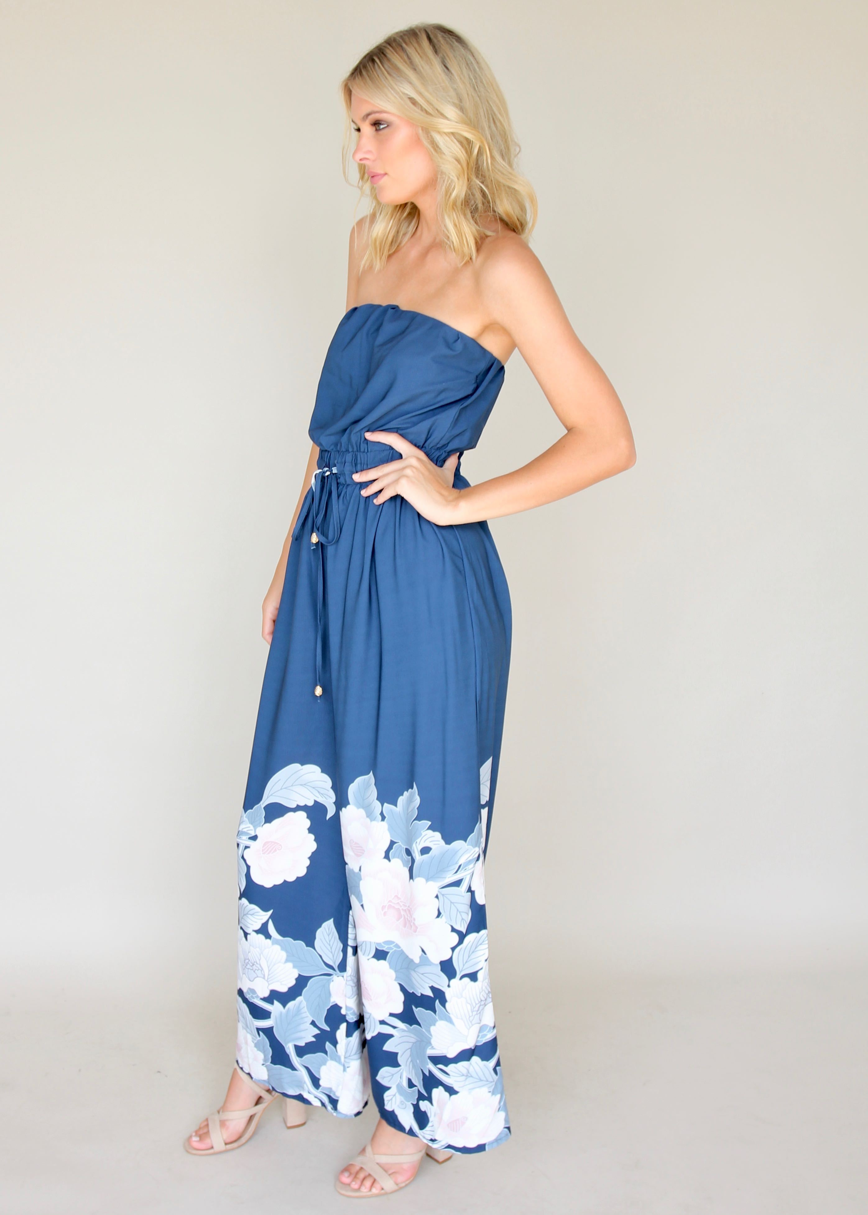 Luminous Love Strapless Pantsuit - Blue Floral