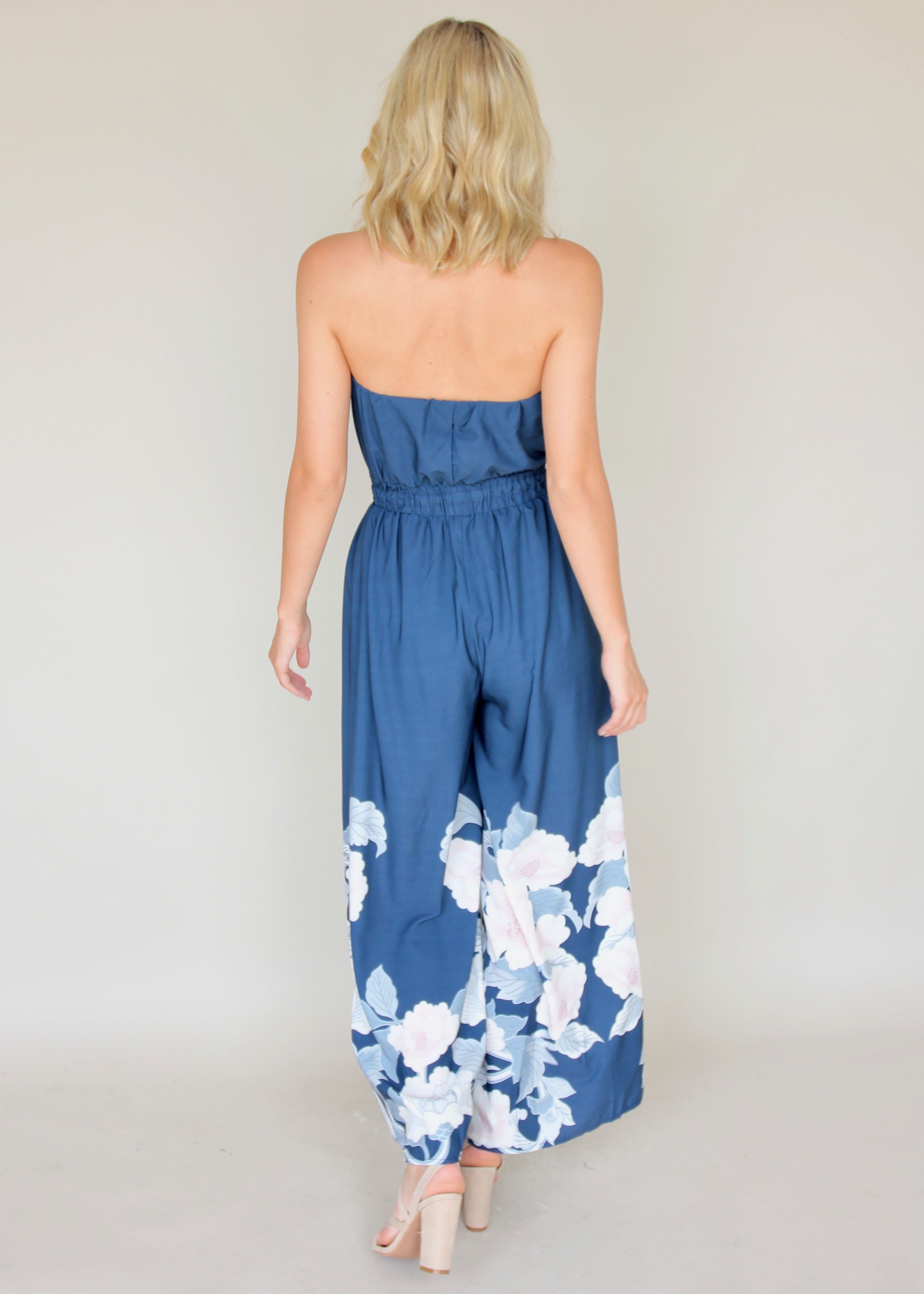 Luminous Love Strapless Pantsuit - Blue Floral