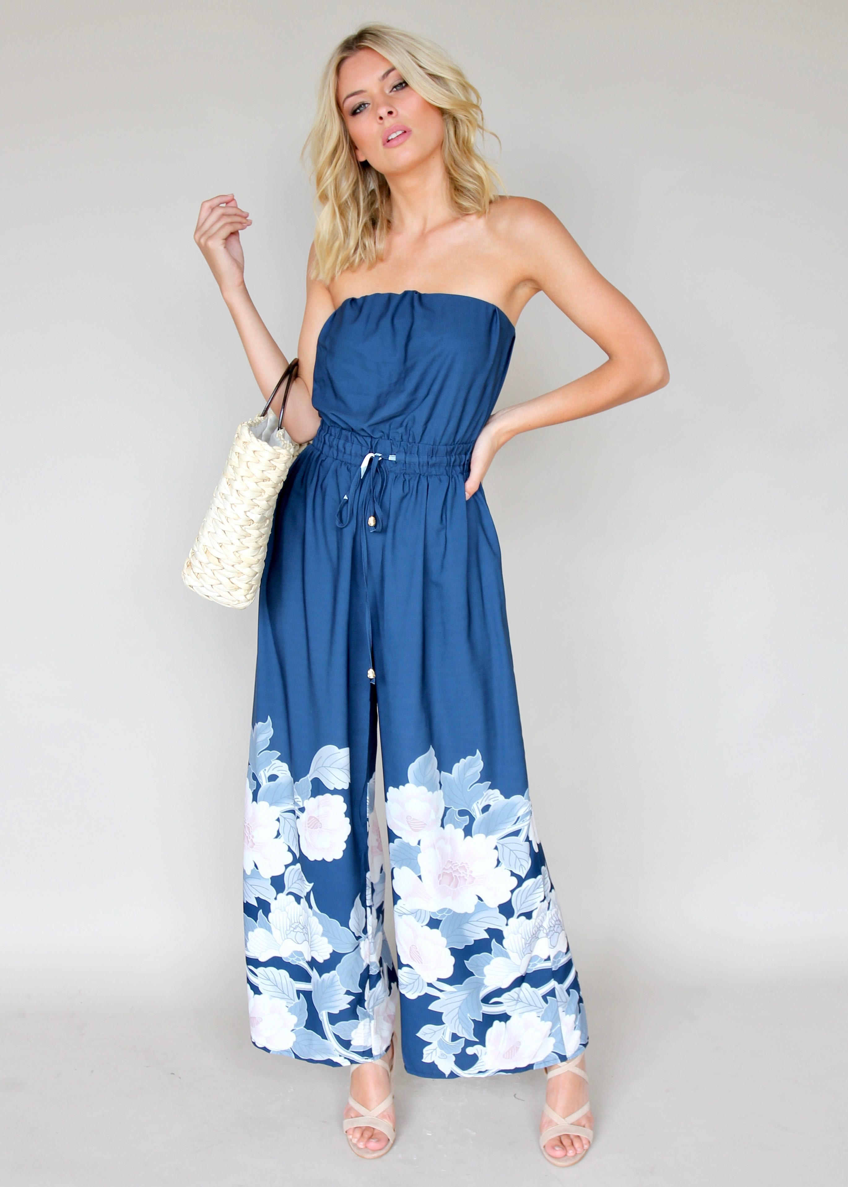Luminous Love Strapless Pantsuit - Blue Floral