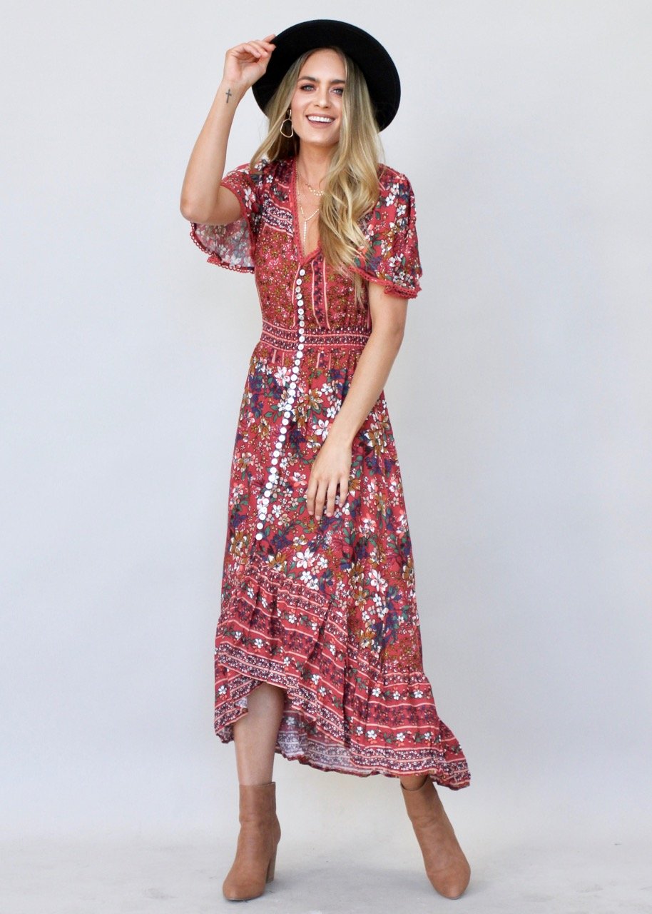 Leaving California Midi Dress - Red Floral