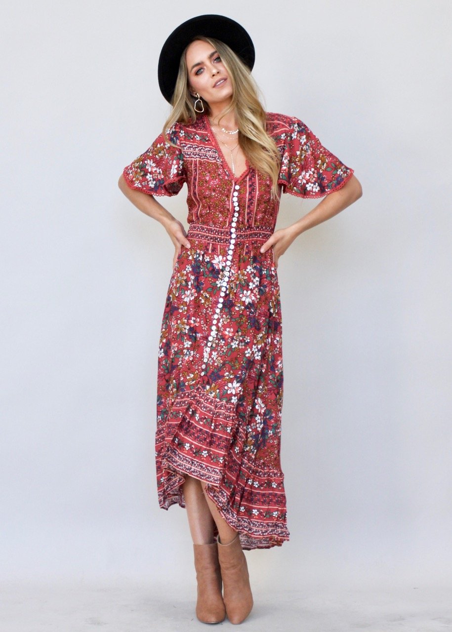 Leaving California Midi Dress - Red Floral