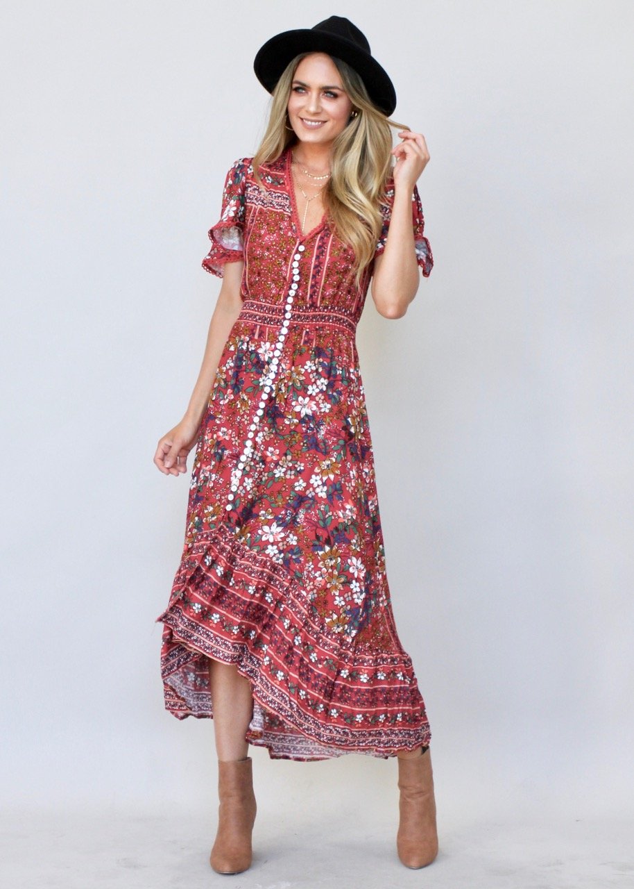 Leaving California Midi Dress - Red Floral