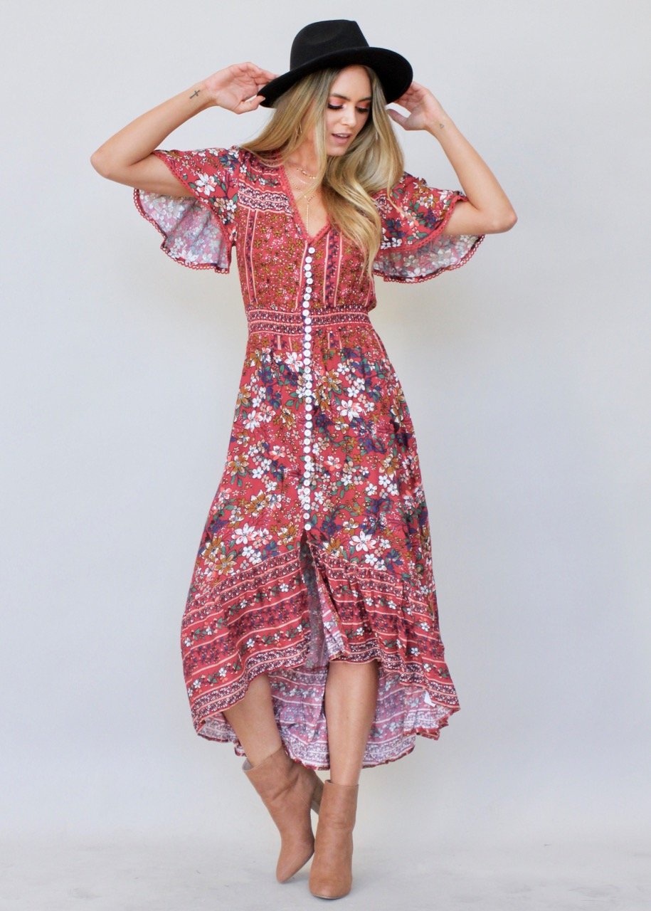 Leaving California Midi Dress - Red Floral