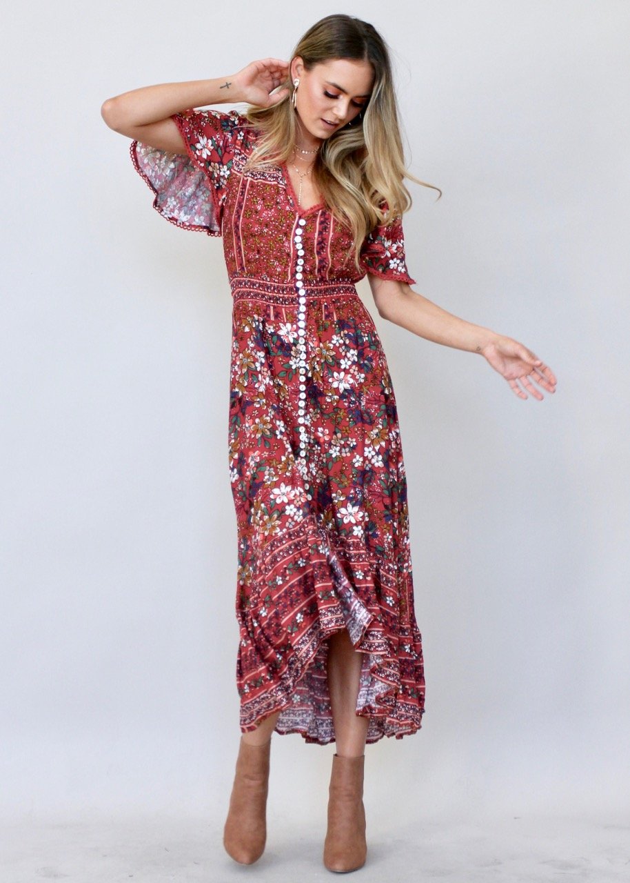 Leaving California Midi Dress - Red Floral