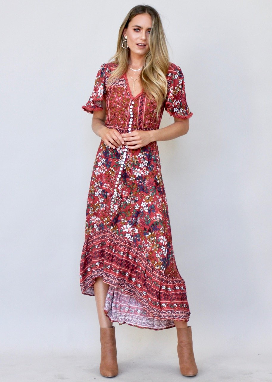 Leaving California Midi Dress - Red Floral