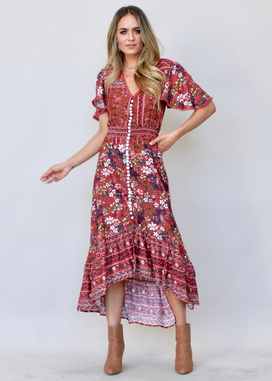 Leaving California Midi Dress - Red Floral