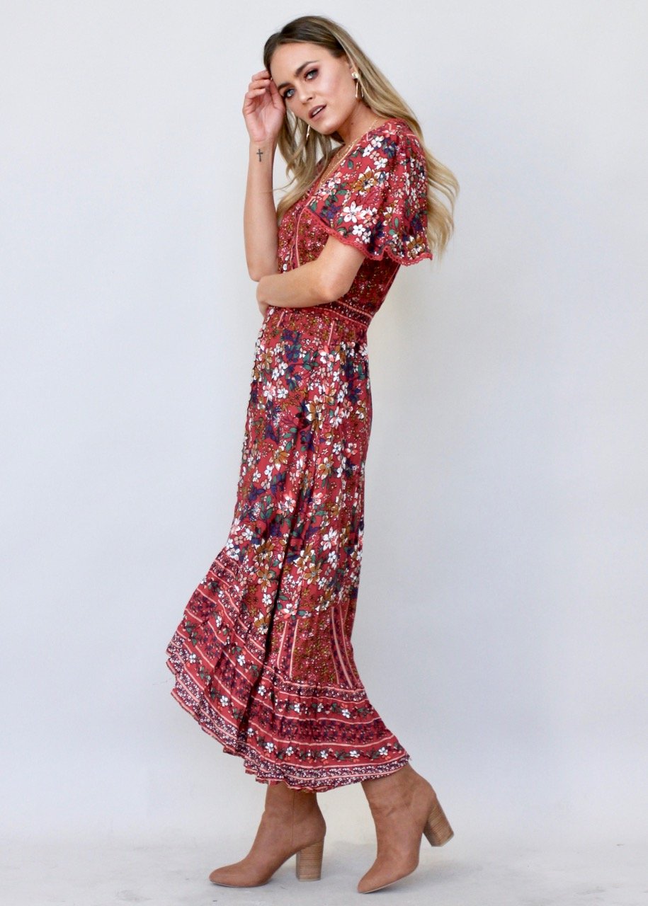 Leaving California Midi Dress - Red Floral