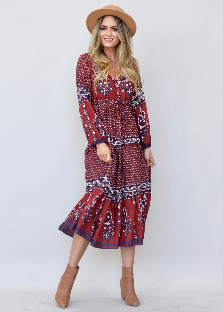 Call It Love Midi Dress - Burgundy Paisley