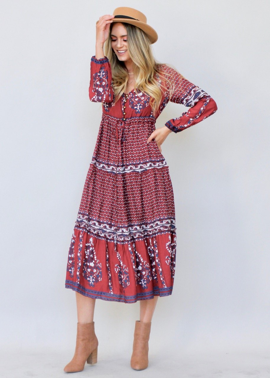 Call It Love Midi Dress - Burgundy Paisley