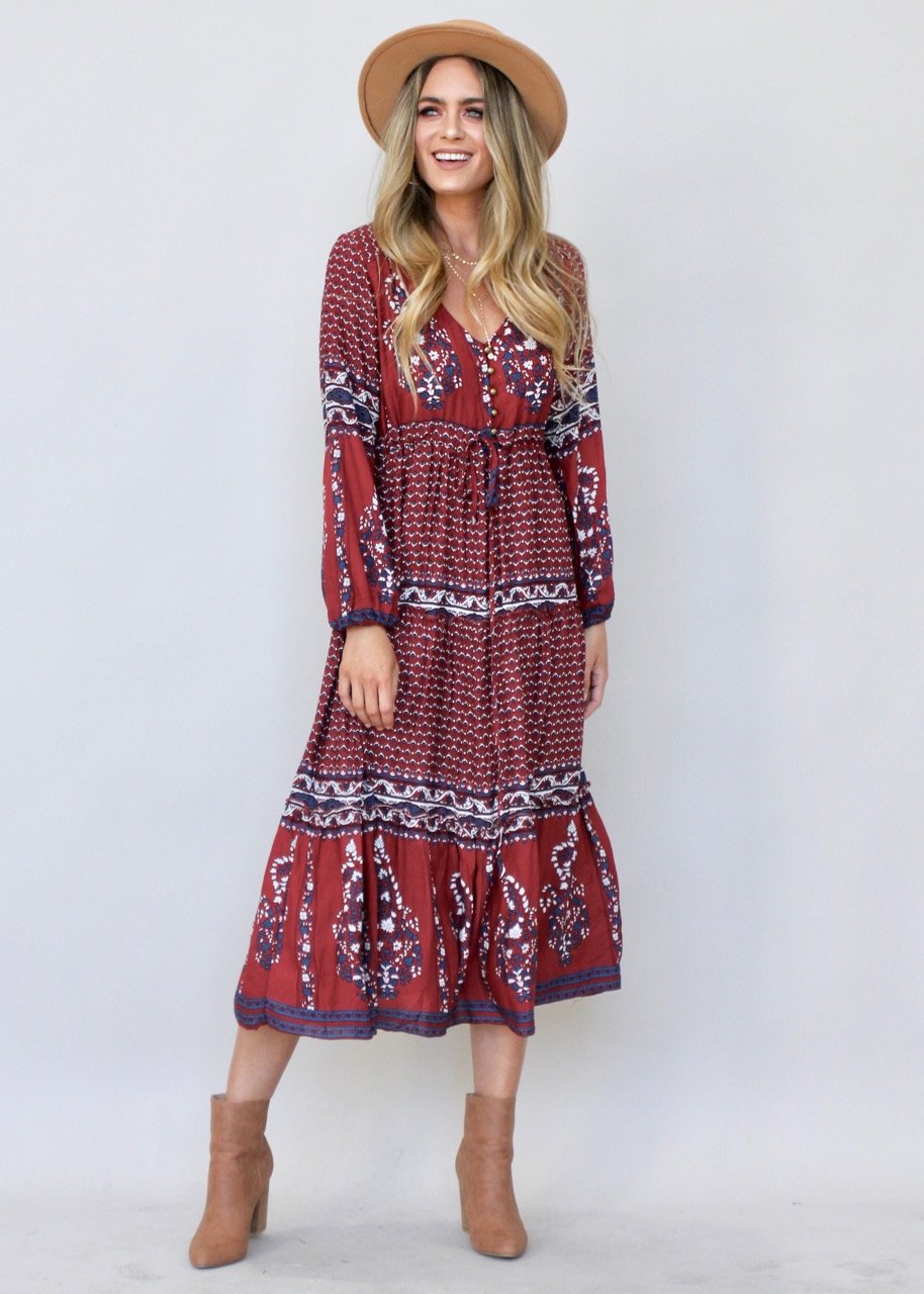 Call It Love Midi Dress - Burgundy Paisley