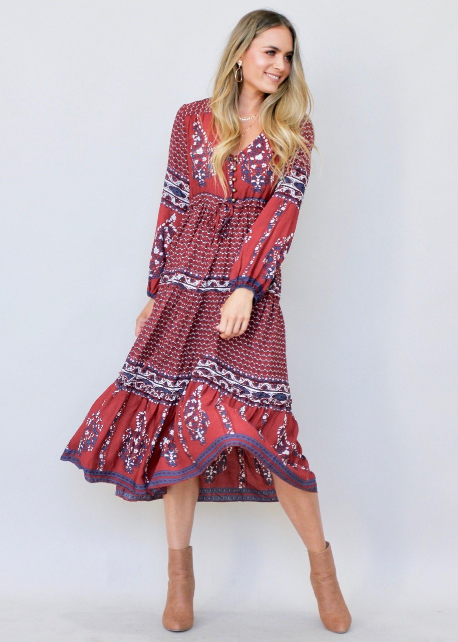 Call It Love Midi Dress - Burgundy Paisley