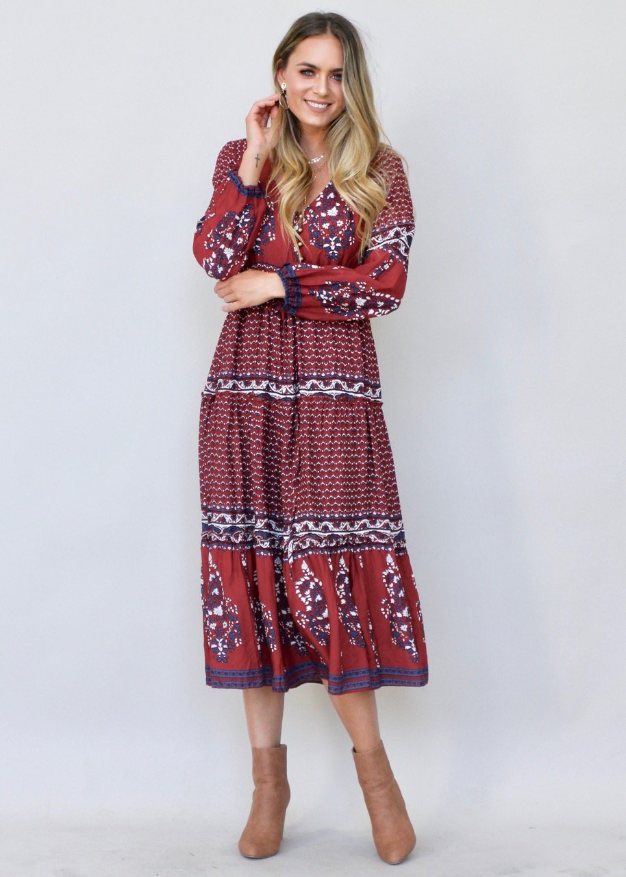 Call It Love Midi Dress - Burgundy Paisley