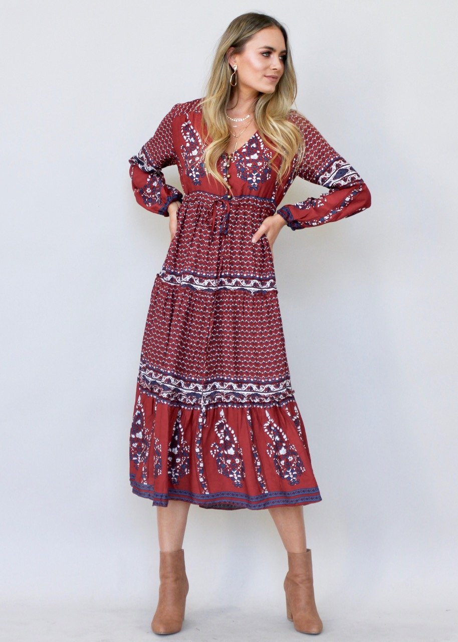 Call It Love Midi Dress - Burgundy Paisley