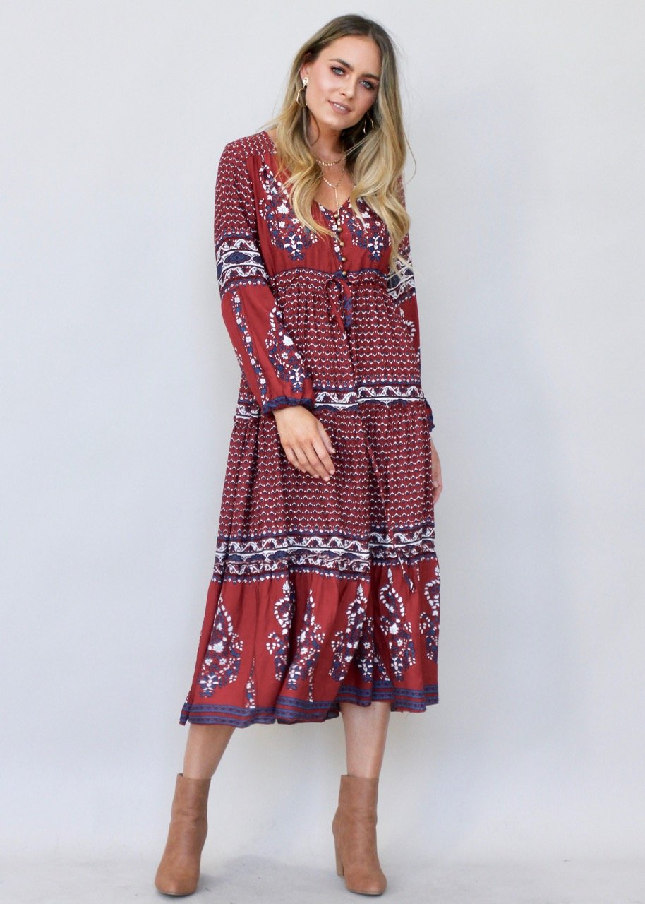 Call It Love Midi Dress - Burgundy Paisley