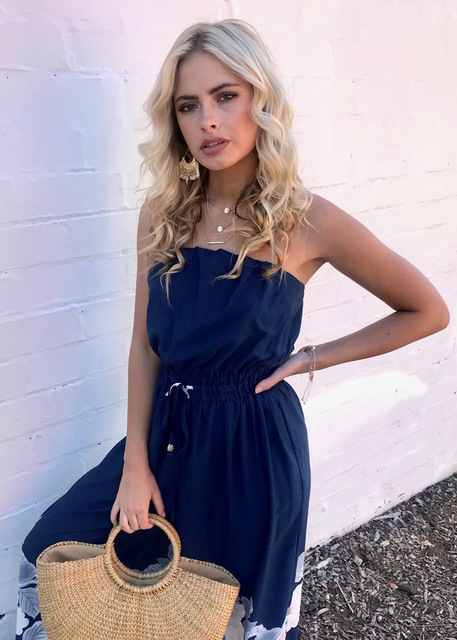 Luminous Love Strapless Pantsuit - Blue Floral
